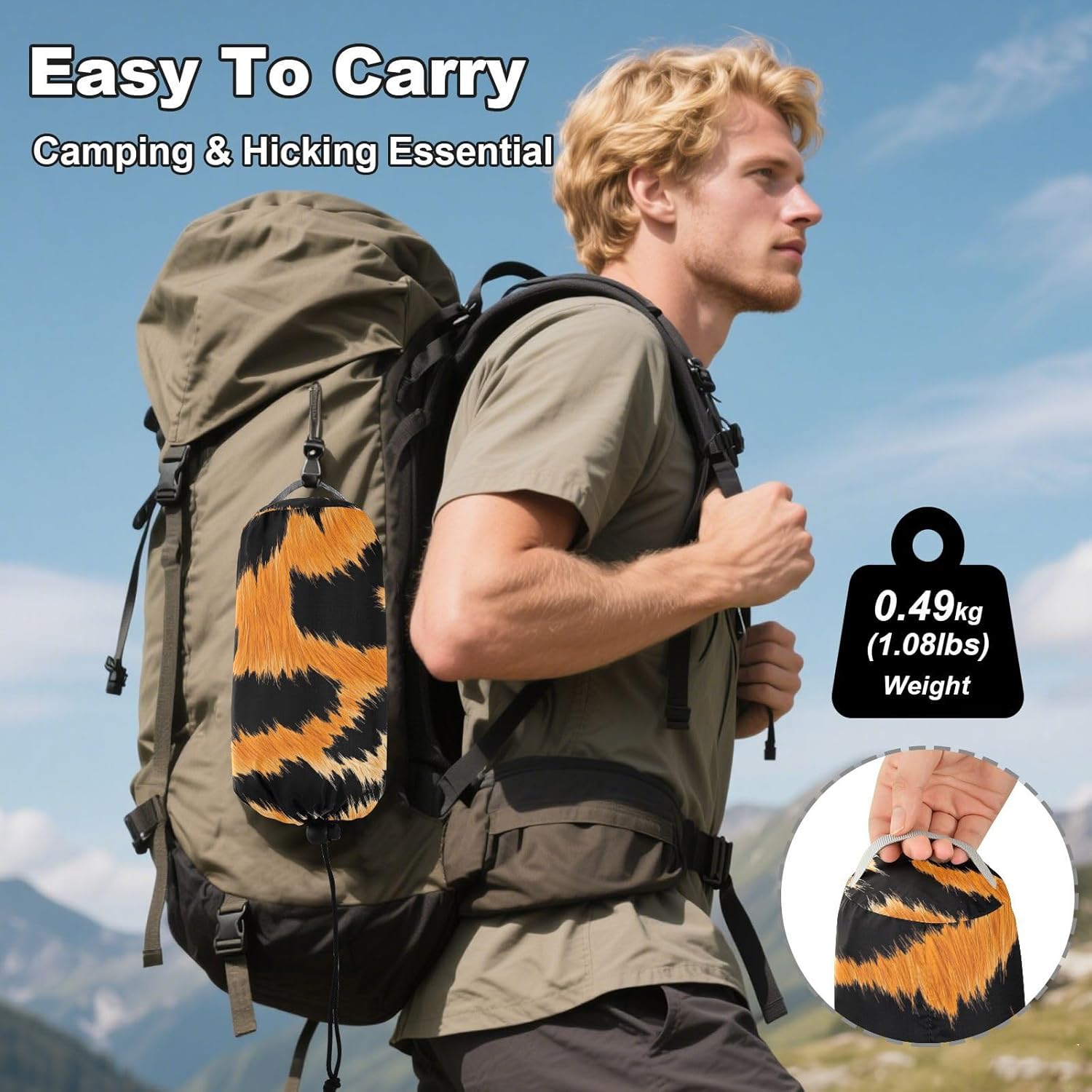 ALAZA Yellow Tiger Print Camping Hammocks Single or 2 Person 500 lbs Portable Parachute Travel Hammock w/Tree Straps for Hiking Backpacking Indoor Outdoor