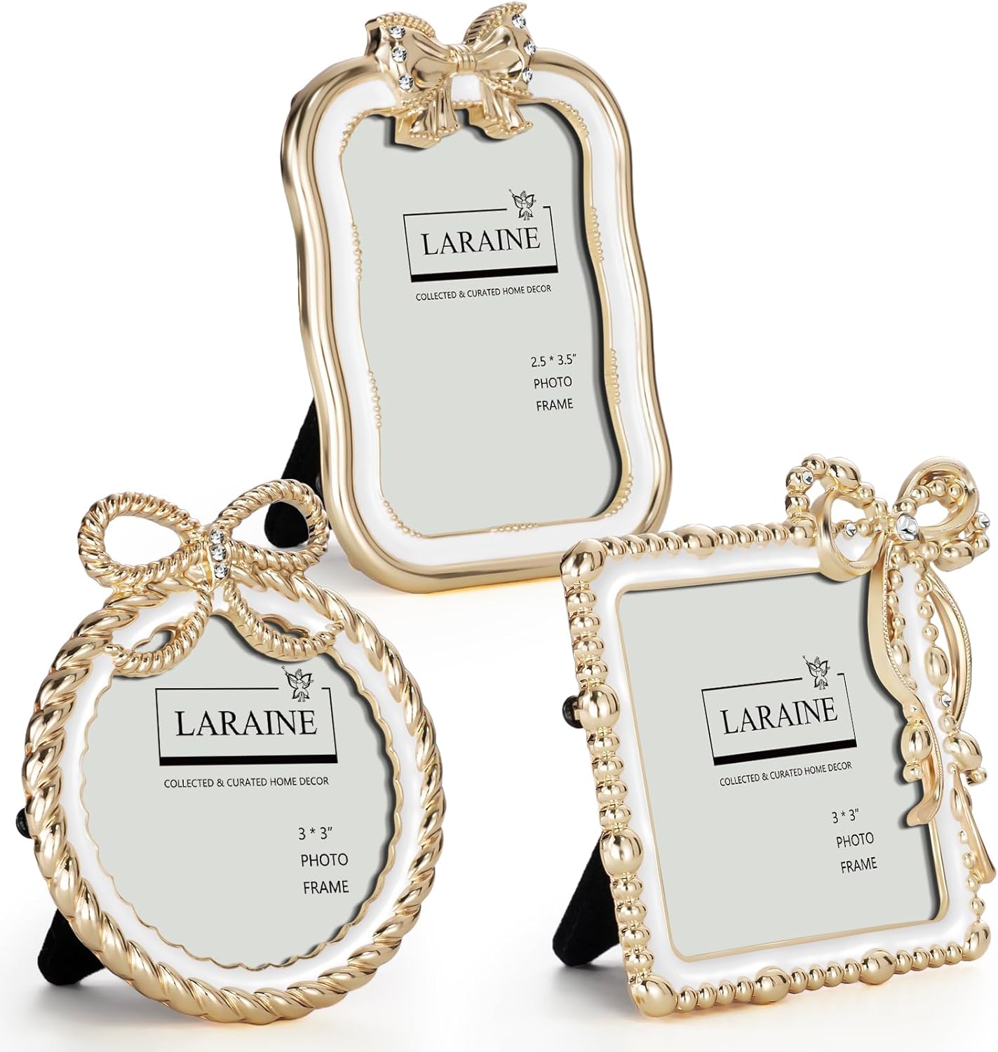 LARAINE Picture Photo Frame Ribbon Bow 3 inch Metal High Definition Glass Display Pictures for Tabletop Home Decorative Holiday Gift (Antique, White, 3-piece set)