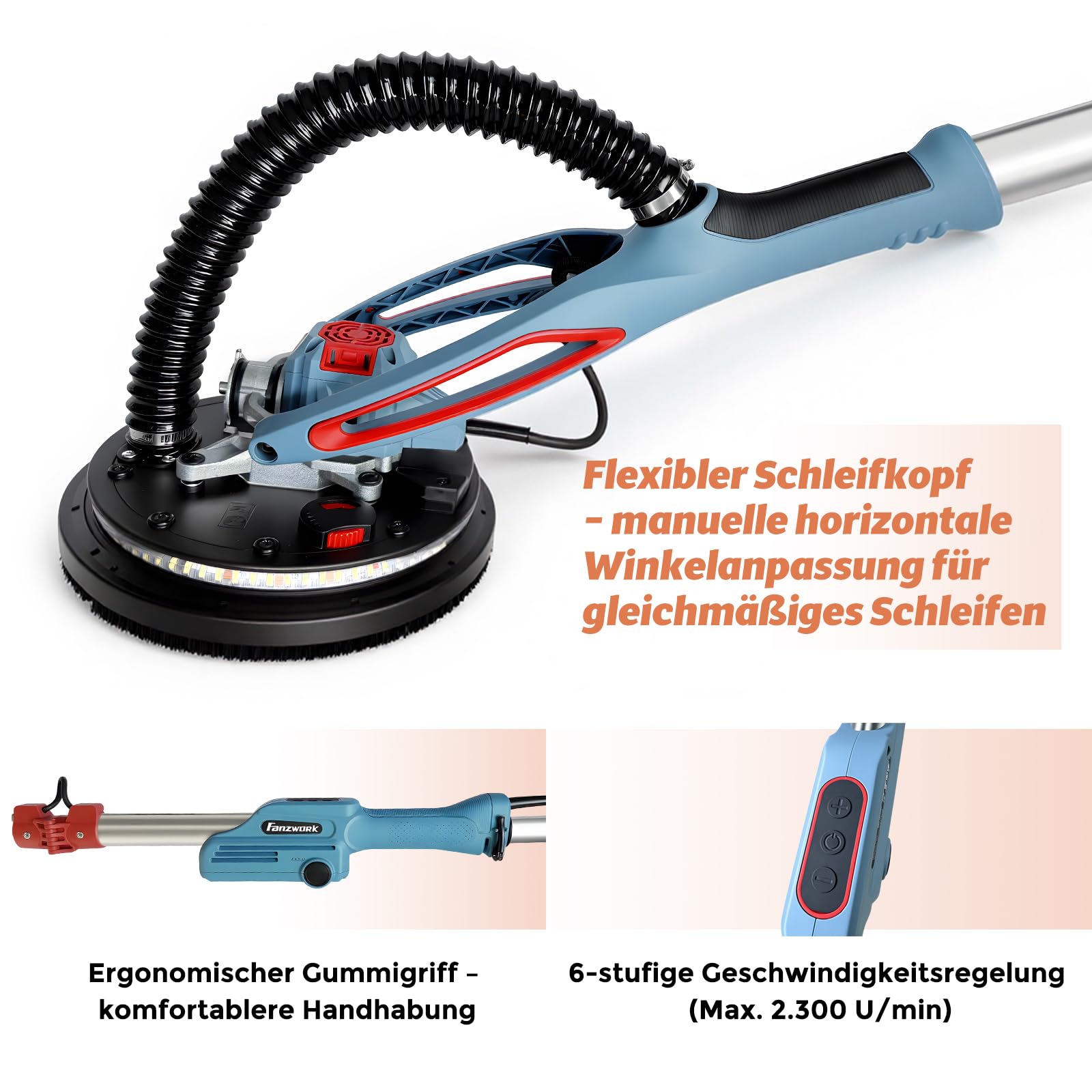 FANZWORK Trockenbauschleifer mit Bürstenlosem EC-Motor 900W, ULTRA-Leicht, 225mm Schleifgiraffe, bis 2300 U/min, Länge bis 1,9m, inkl. LED, 3,8m Kabel, Schleifscheiben, Sauger-Adapter, Tragkoffer