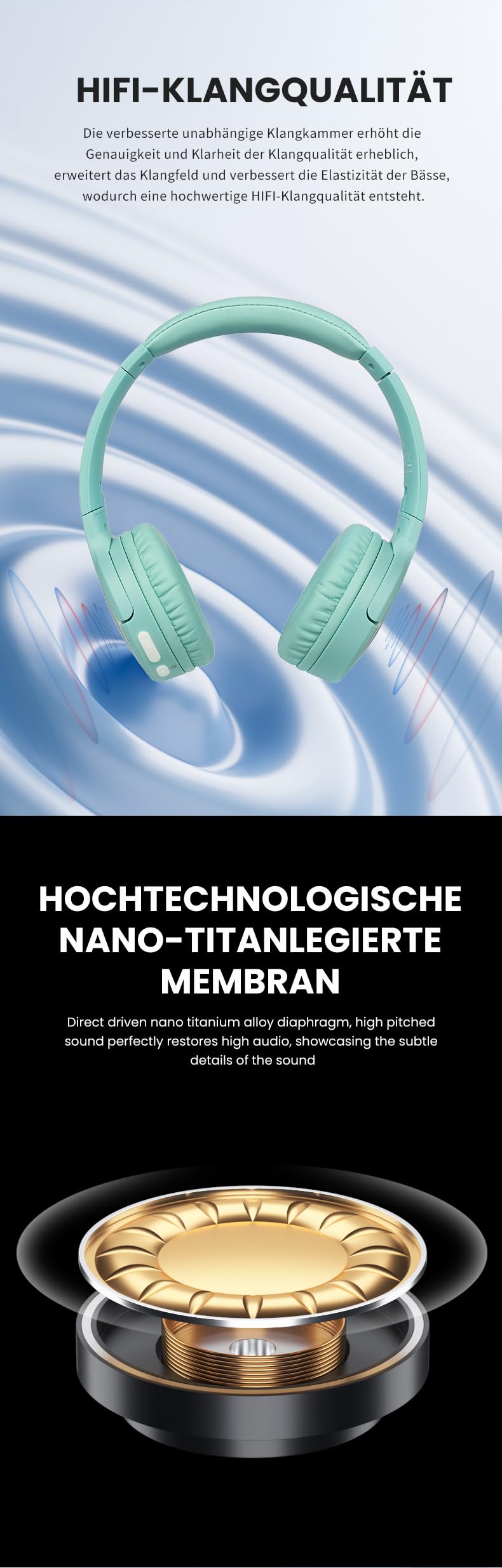 KO-Star Over Ear Kopfhörer Kabellos Bluetooth BT-1700 – 40 mm Treiber, AUX Kabel, Mikrofon, faltbar, Bluetooth 5.2, bis 20 Std. Akku, USB-C