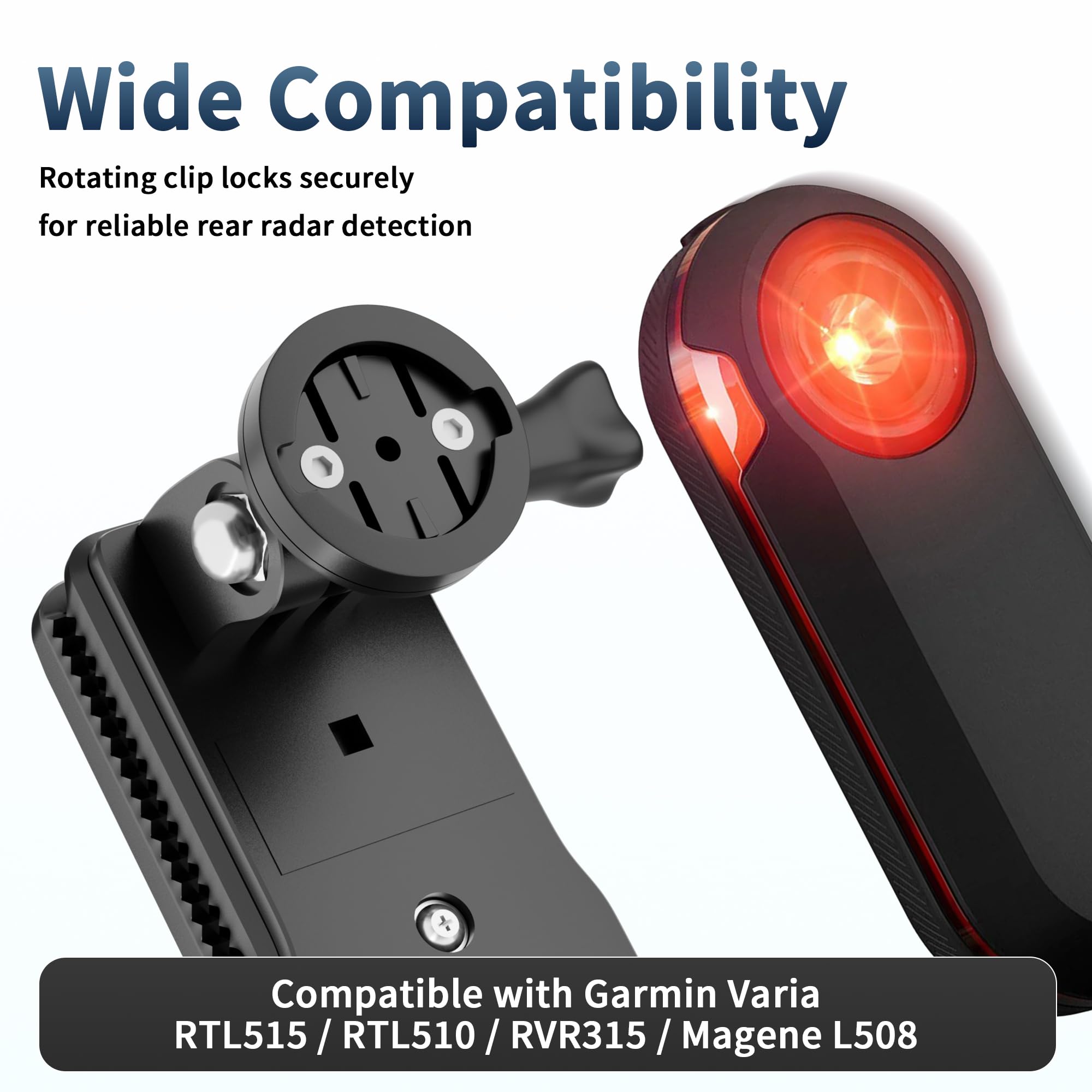 Uchwyt na sakwę rowerową, kompatybilny z Garmin, uchwyt na klips do torby podsiodłowej z szerokimi paskami co najmniej 48 mm, obracany o 360° uchwyt do Garmin Varia RTL515, RTL510, RVR315