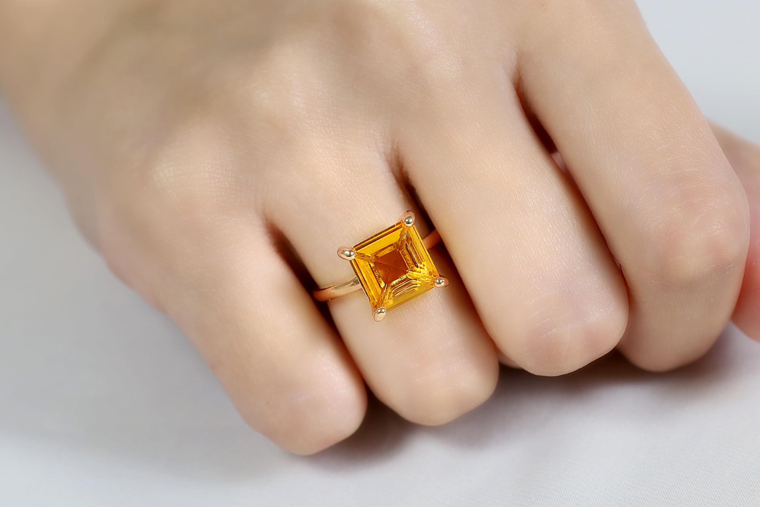 Anillo Citrino Amarillo - Anillos Solitarios Brillantes para Mujer - Anillo Cuadrado Hecho a Mano, Anillo de Compromiso Único - Joyería Personalizada con Caja