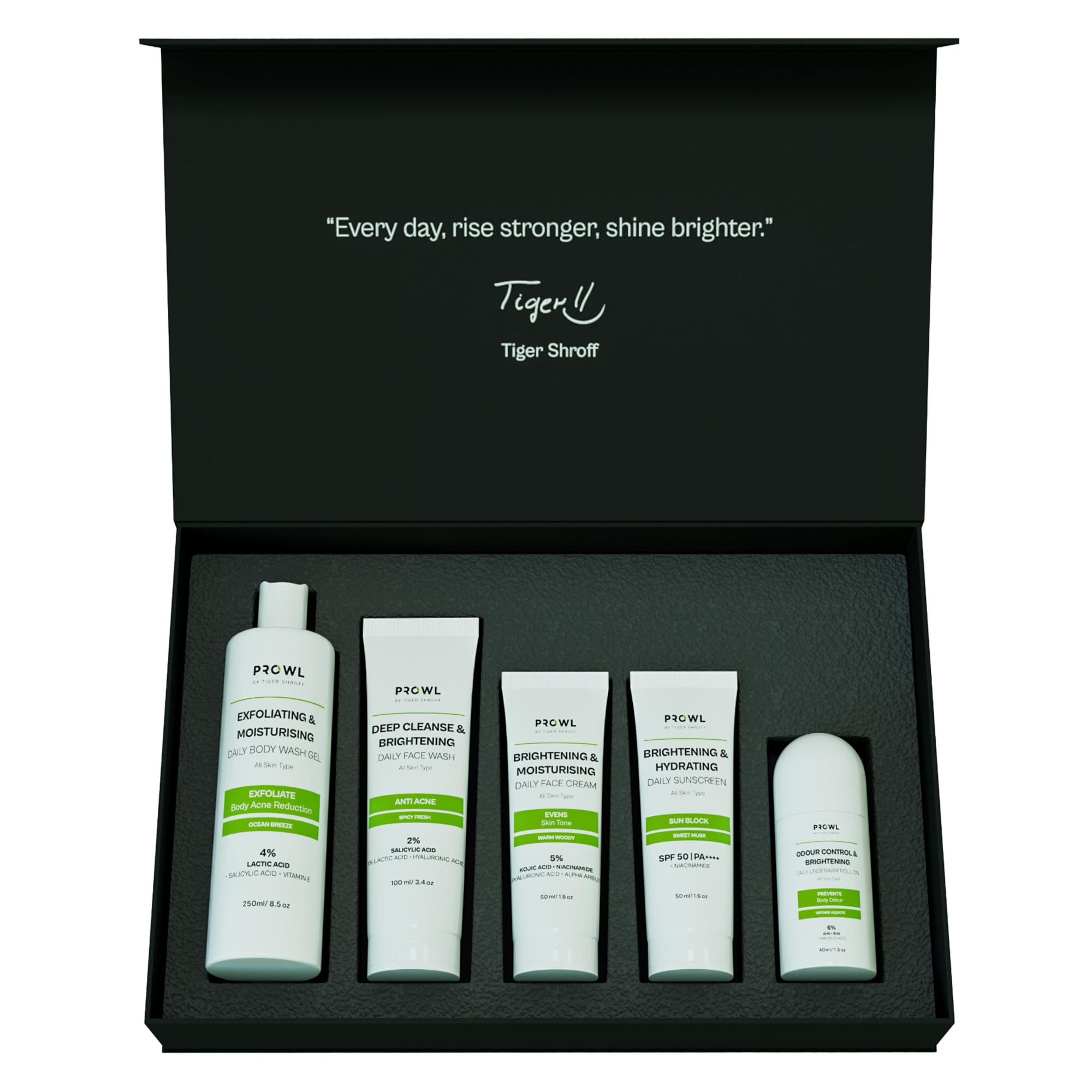 PROWL by Tiger Shroff Complete Body Care Gift Set for Men – Facewash, Face Cream, SPF50 Sunscreen, Body Wash & Underarm Roll-On | Brightening, Hydrating & Anti-Acne Skincare Kit | Set of 5-image-37