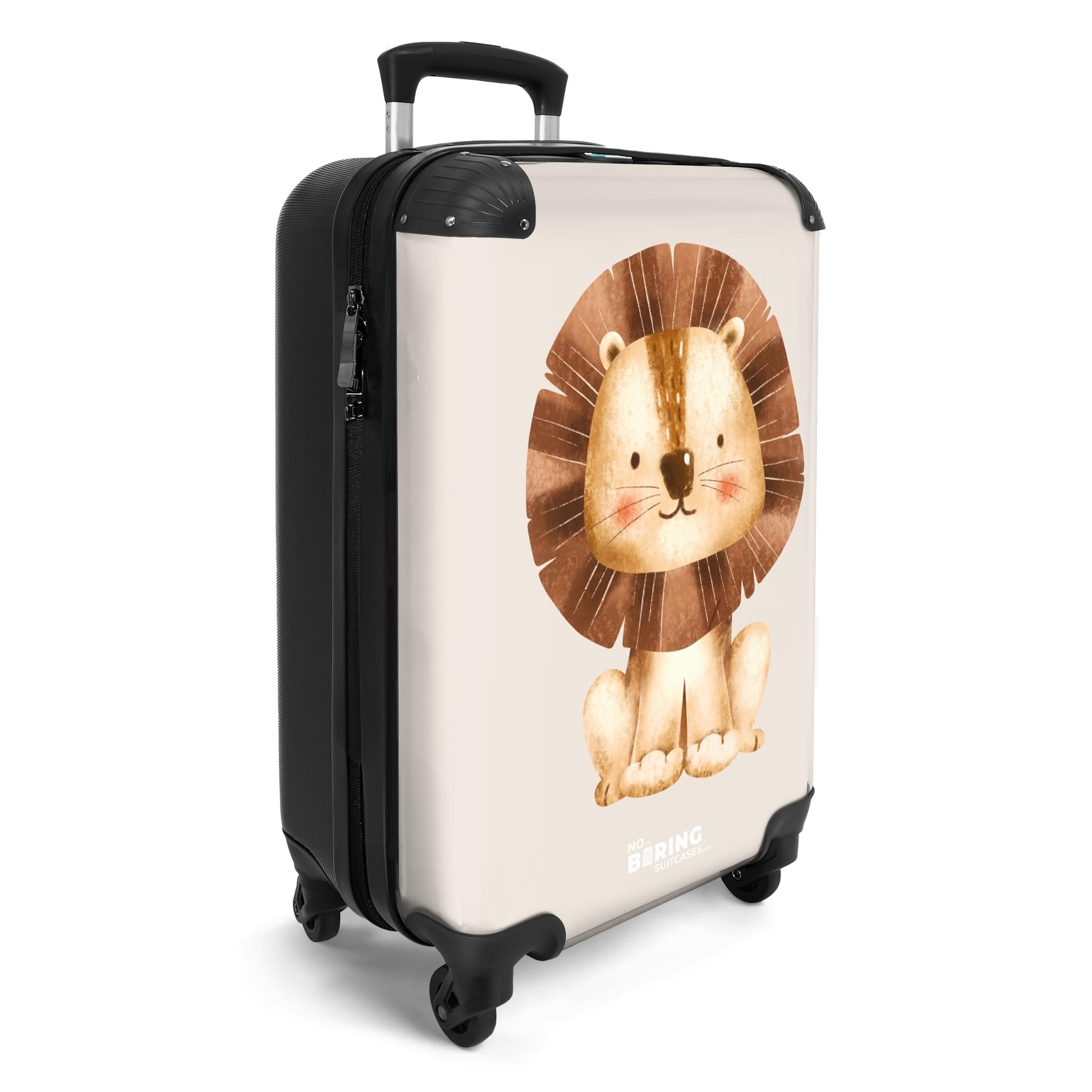 NoBoringSuitcases.com® Handgepäck Koffer Kinder 55x35x20 cm Reisekoffer Kinderkoffer 4 Rollen Leicht Cabin Kindertrolley Reise Hartschalenkoffer Löwe - Niedlich - Beige