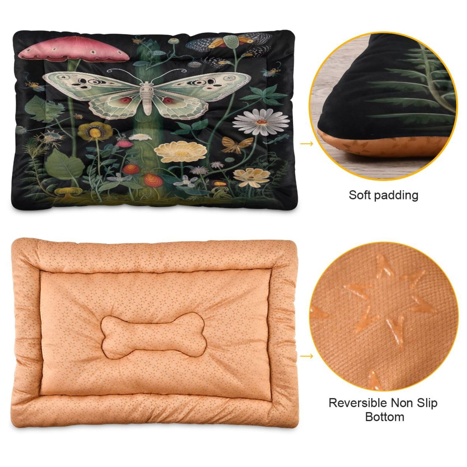 Haskirky Butterfly Mushroom Dog Bed Mat Soft Machine Washable Non-Slip Comfy Fluffy Kennel Pad for Medium Small Dogs 18x24 Inches