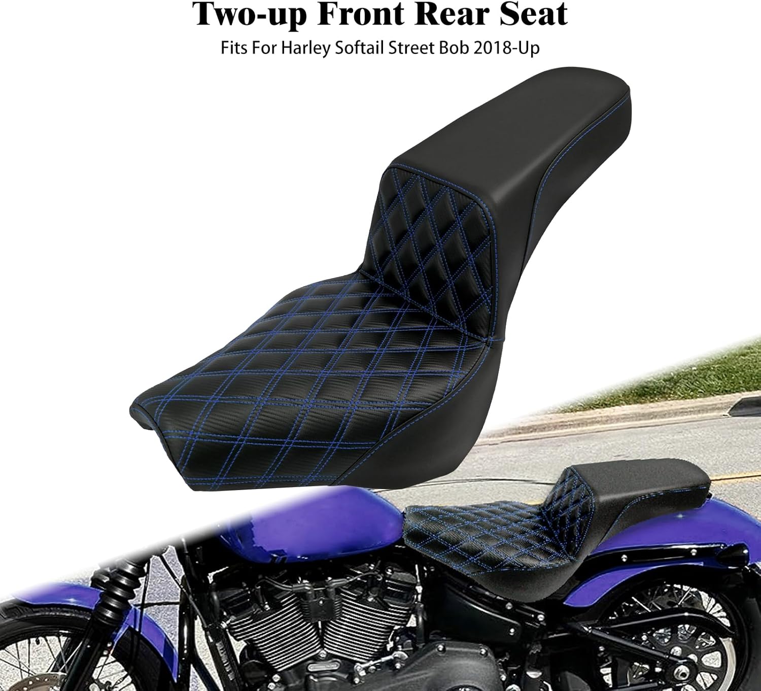 Motorcycle Softail Driver Passenger Seat fit for Harley Softail Street Bob FXBB FXBBS 2018-2025, fit for Harley Softail Standard FXST 2020-2025 Driver Passenger Seat Blue Stitching