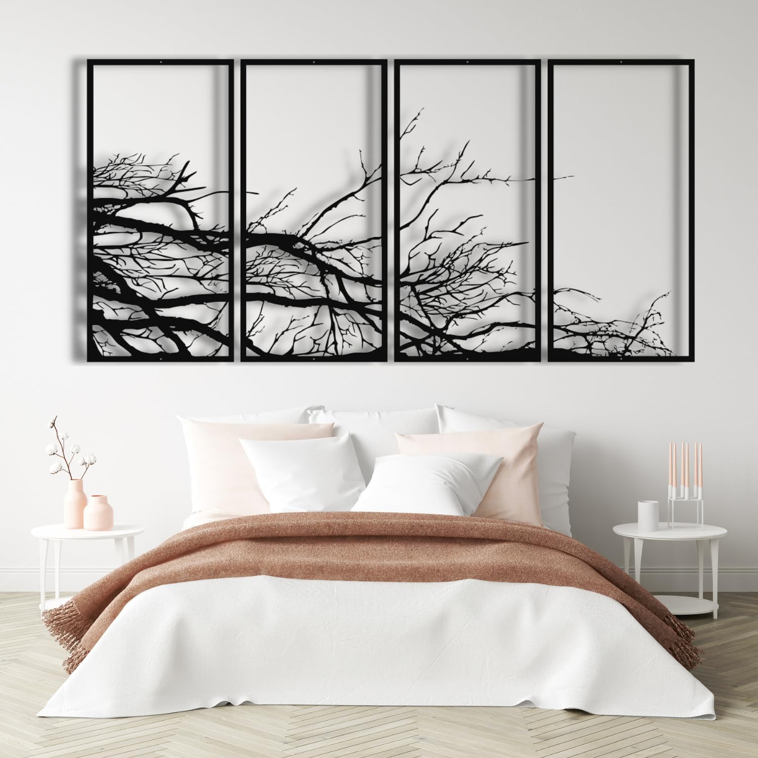 Decoración de Pared de Metal, árbol de la Vida, árbol genealógico, 4 Paneles, árbol Grande, decoración para el hogar, Sala de Estar (Plateado, 40" x 20" | 100 x 50 cm)