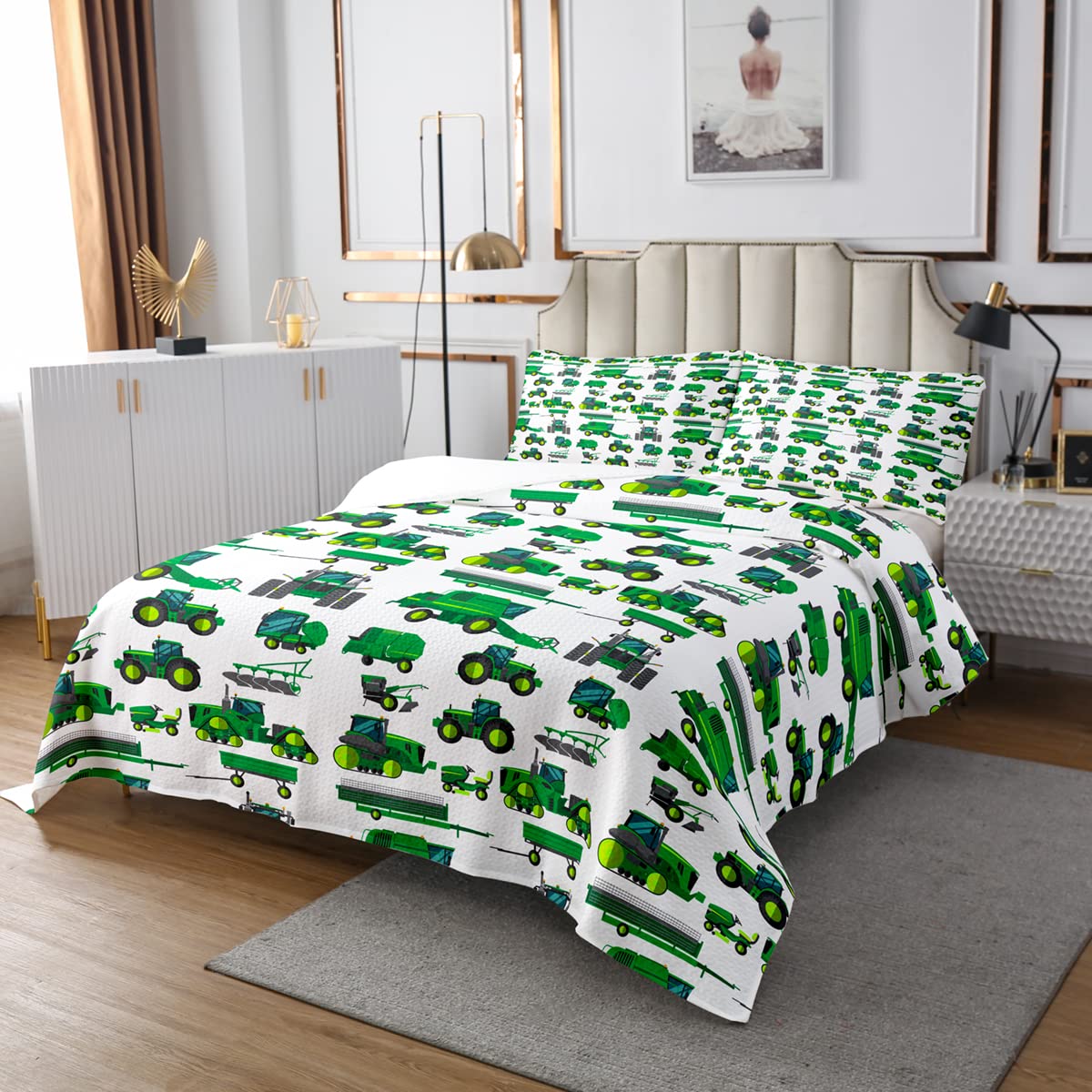 Equipamiento Camiones Acolchada Excavadoras para Niños Niños Niñas Niños Niños Verde Vehículo Coverlet Set Construcción Suave Tractor Acolchado King