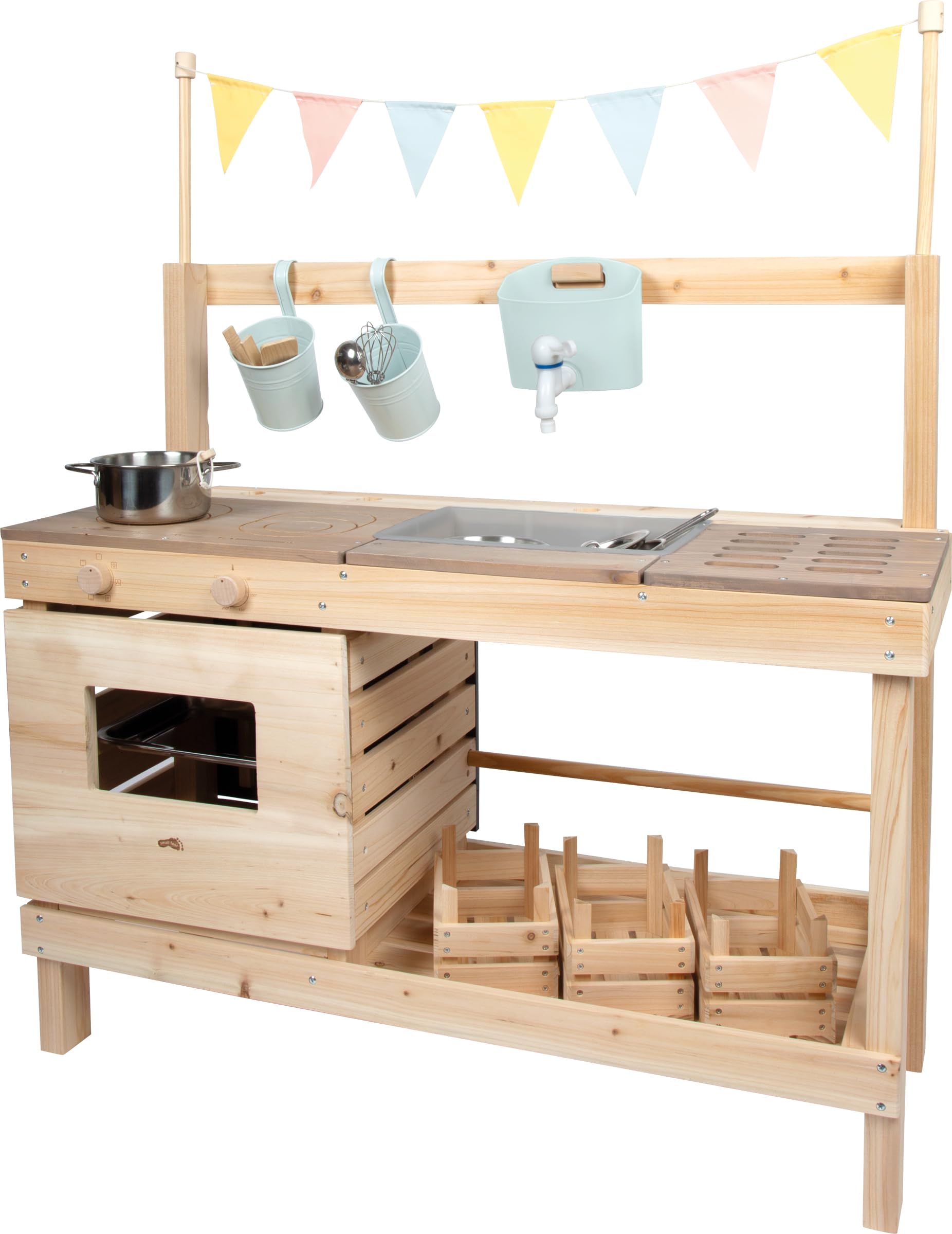 small foot Cucina da esterno e negozietto in legno, cucina/negozio Outdoor, utilizzabile su entrambi i lati, con rubinetto e numerosi accessori, 12790
