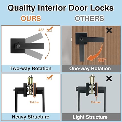 Miniatura 8 de Juego de 5 manijas de puerta de interior color negro, cuadradas, sin llave, paquete de 5 manijas de puerta de privacidad para dormitorio o baño,