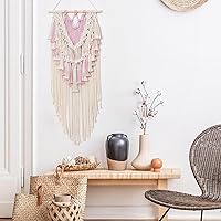Vista 6 de LB Tapiz tejido de macramé rosa para colgar en la pared, tapiz tejido bohemio, hojas de borlas blancas y rosas, decoración de pared bohemia elegante