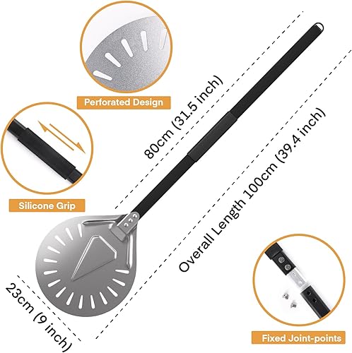 Miniatura 5 de Pela giratoria de pizza de 9 pulgadas, aluminio perforada con mango largo de 31 pulgadas, accesorios para horno de pizza para hornear pizzas caseras