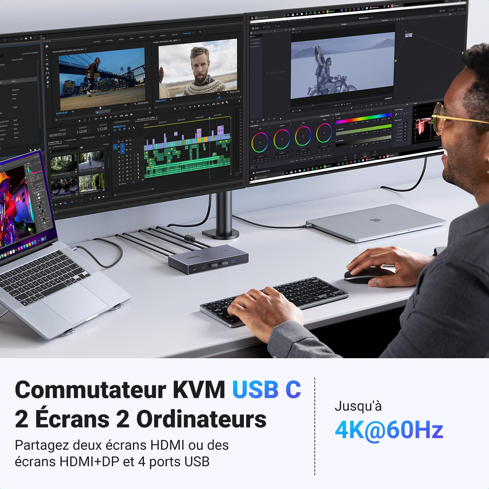 UGREEN KVM Switch HDMI2.0 Commutateur KVM DP 4K 60Hz 2 Entrées 2 Sories | 3 Ports USB A USB C 3.0 5Gbps PD 100W pour MacBook Pro Mac Mini M4 Clavier Souris Disque Dur avec Contrôleur de Bureau