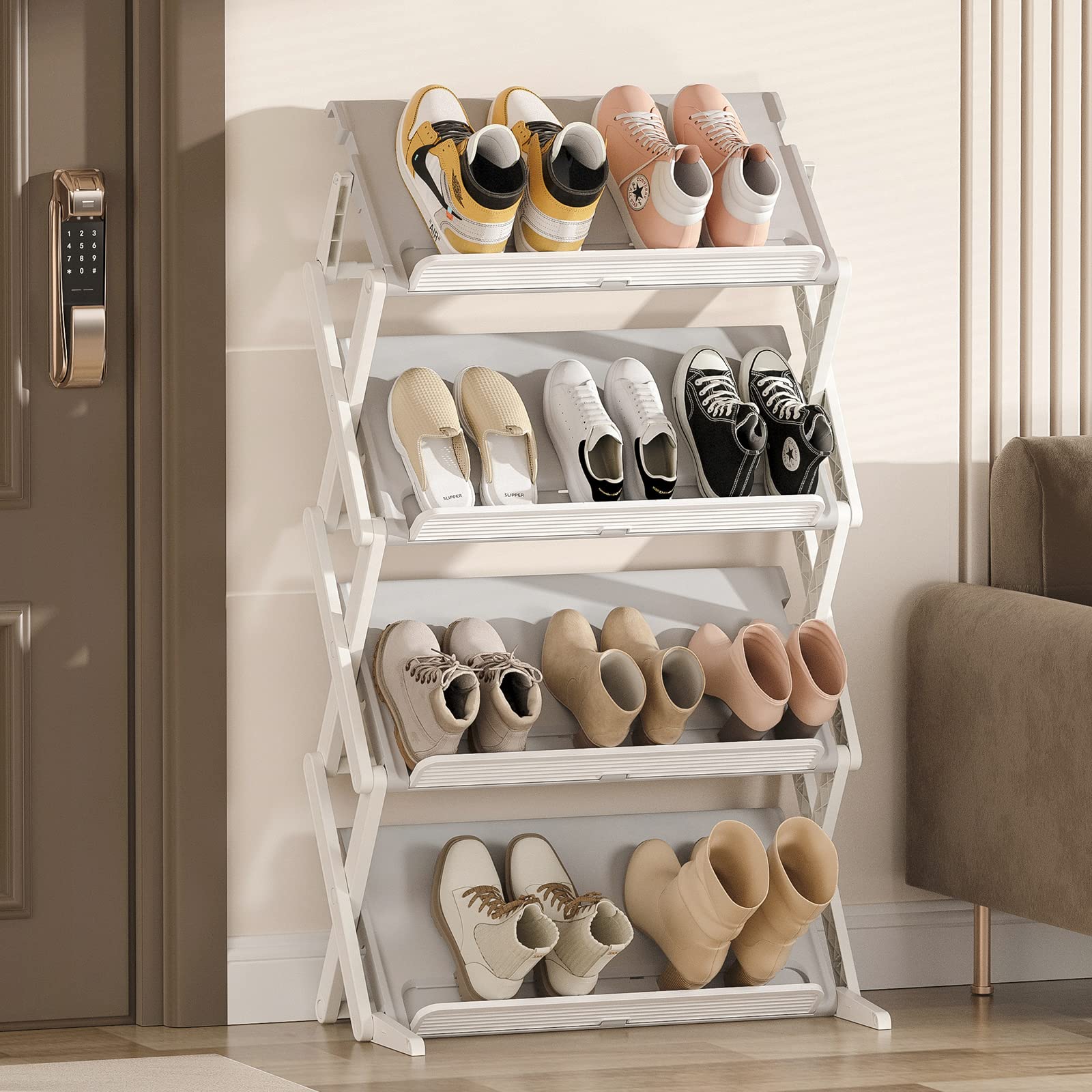 XIYAO Shoe Rack, 4 Tier Shoe Storage Cabinet 12 Pair Plastic Shoe Shelves Organizer for Closet Hallway Bedroom Entryway Clear Plastic Foldable Sneaker Containers Bins closet organizer Shoe Organizer