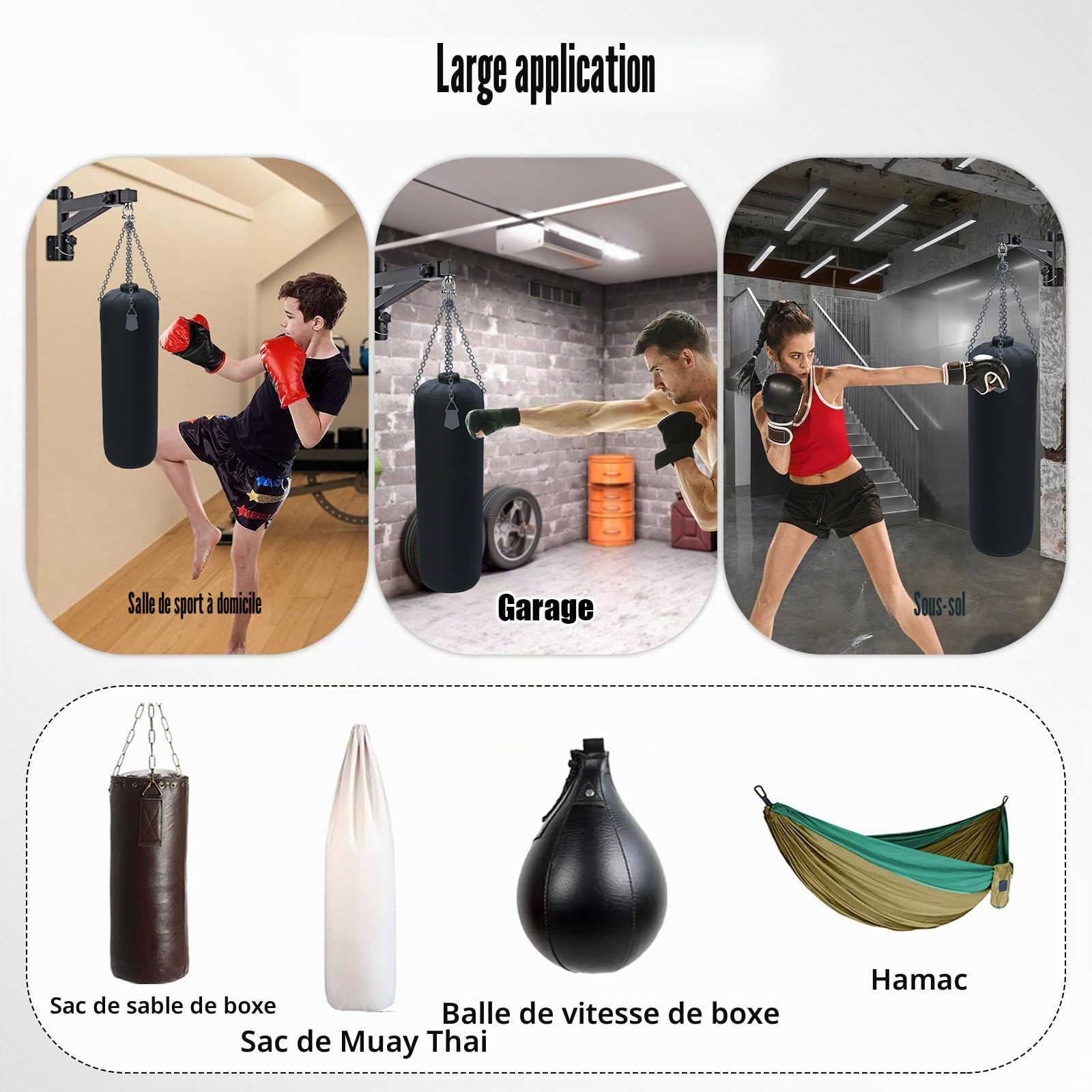 Support Sac de Frappe Adulte, Support Mural Sac de Boxe, Longueur Réglable (43-63cm), Rotation à 180° pour Pliable, Supporte 150kg Punching Ball, pour Salle de Sport à Domicile/Garage/Sous-sol