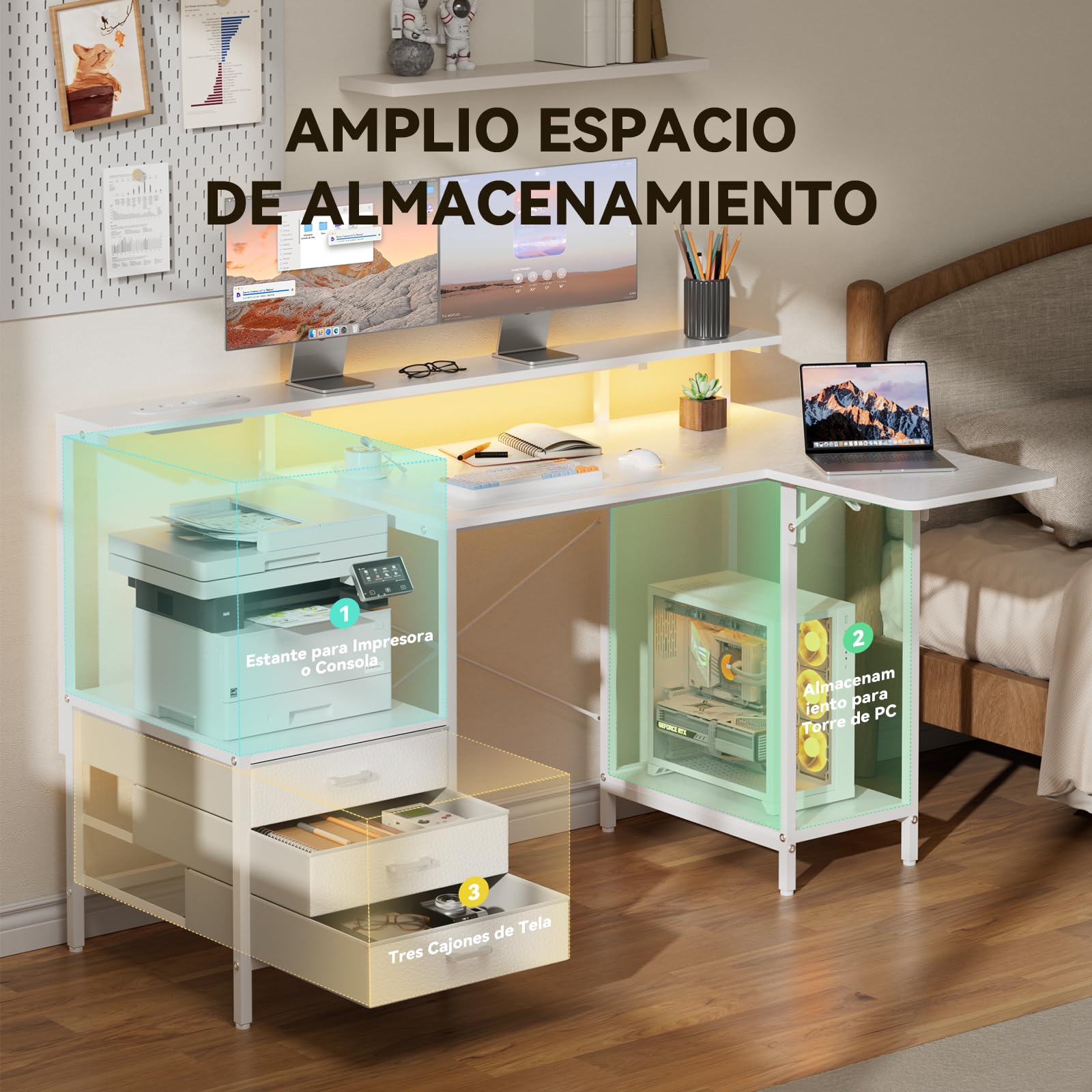 SOLAVERO Escritorio Esquinero con Bandeja Plegable, 140 x 50 cm Escritorio Gaming en L con Enchufes & USB-C, Mesa Ordenador con Cajones de Tela, Mesa Oficina con Soporte para Monitor, Blanco