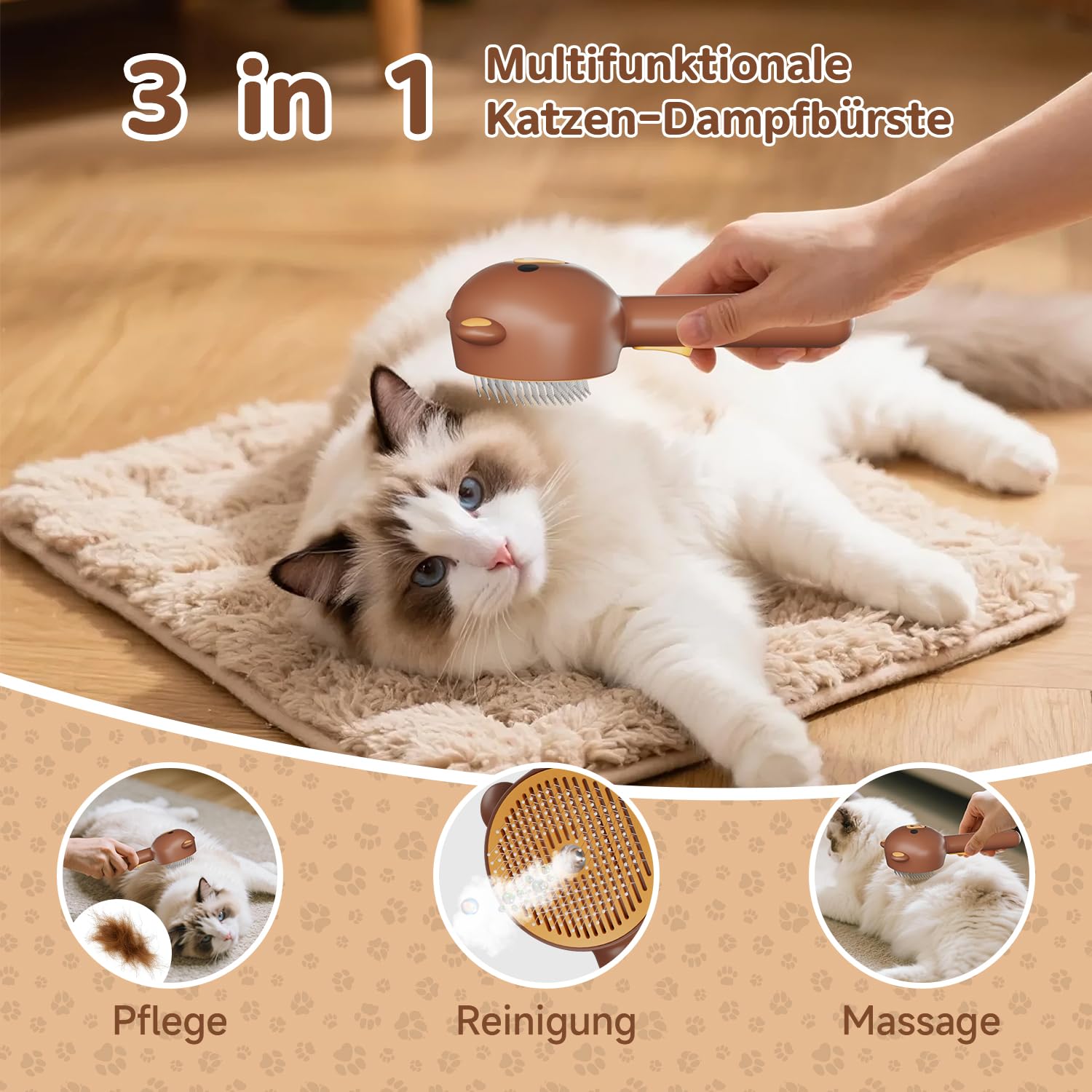 Katzenbürste mit Dampf, Dampfbürste Katze für Langhaar und Kurzhaar Hunde Katze, Cat Steam Brush mit Spray und Wassertank, USB Aufladbar, 2 Einstellung, für Massage, Pflege, Haarentfernung