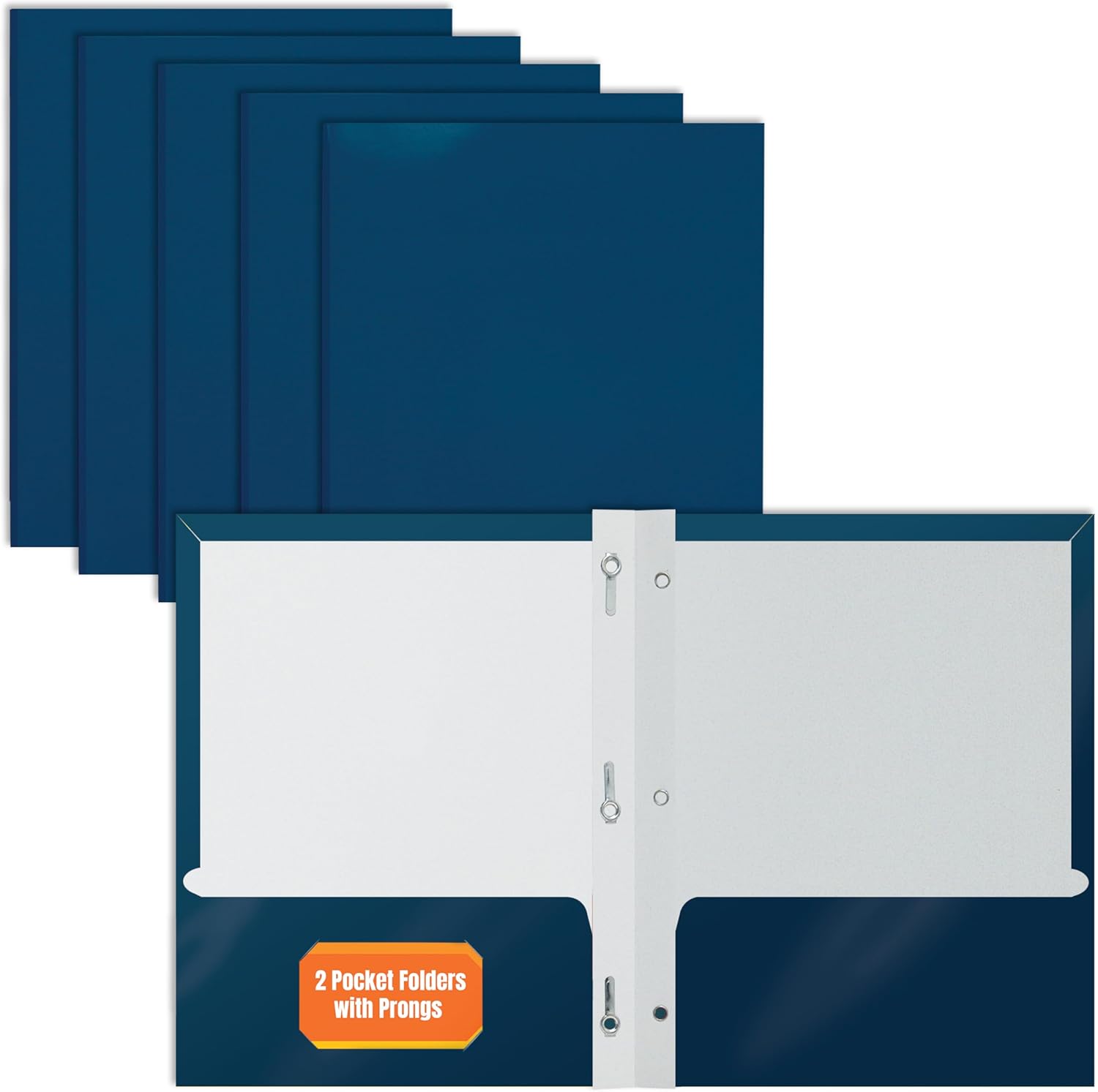 Better Office Products 2 Pocket Glossy Navy Blue Paper Folders with Prongs, Letter Size, High Gloss Navy Blue Paper Portfolios with 3 Metal Prong Fasteners, Box of 25 Glossy Dark Blue Folders