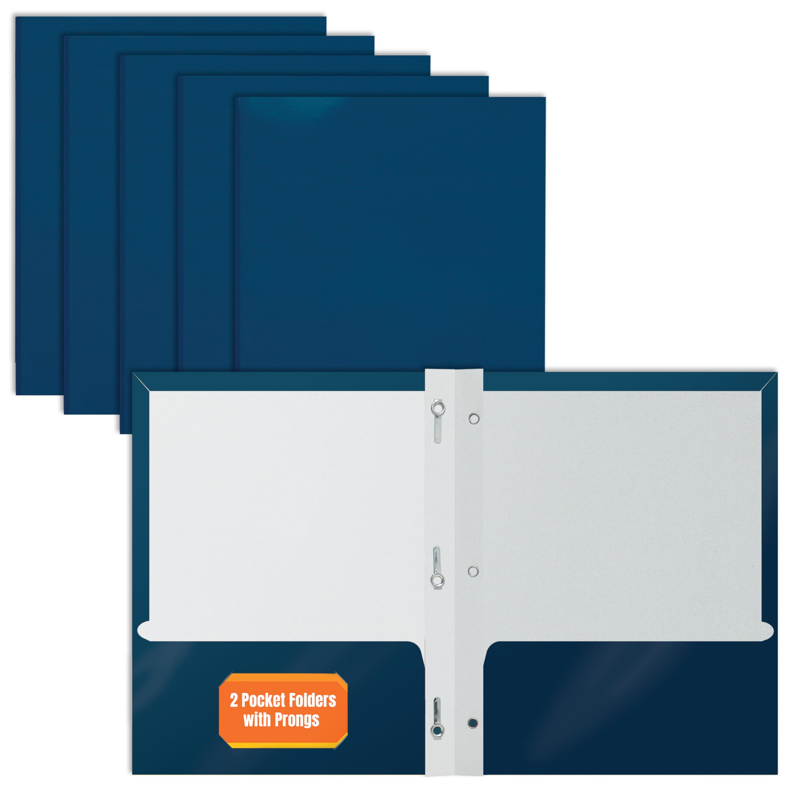 Better Office Products 2 Pocket Glossy Navy Blue Paper Folders with Prongs, Letter Size, High Gloss Navy Blue Paper Portfolios with 3 Metal Prong Fasteners, Box of 25 Glossy Dark Blue Folders
