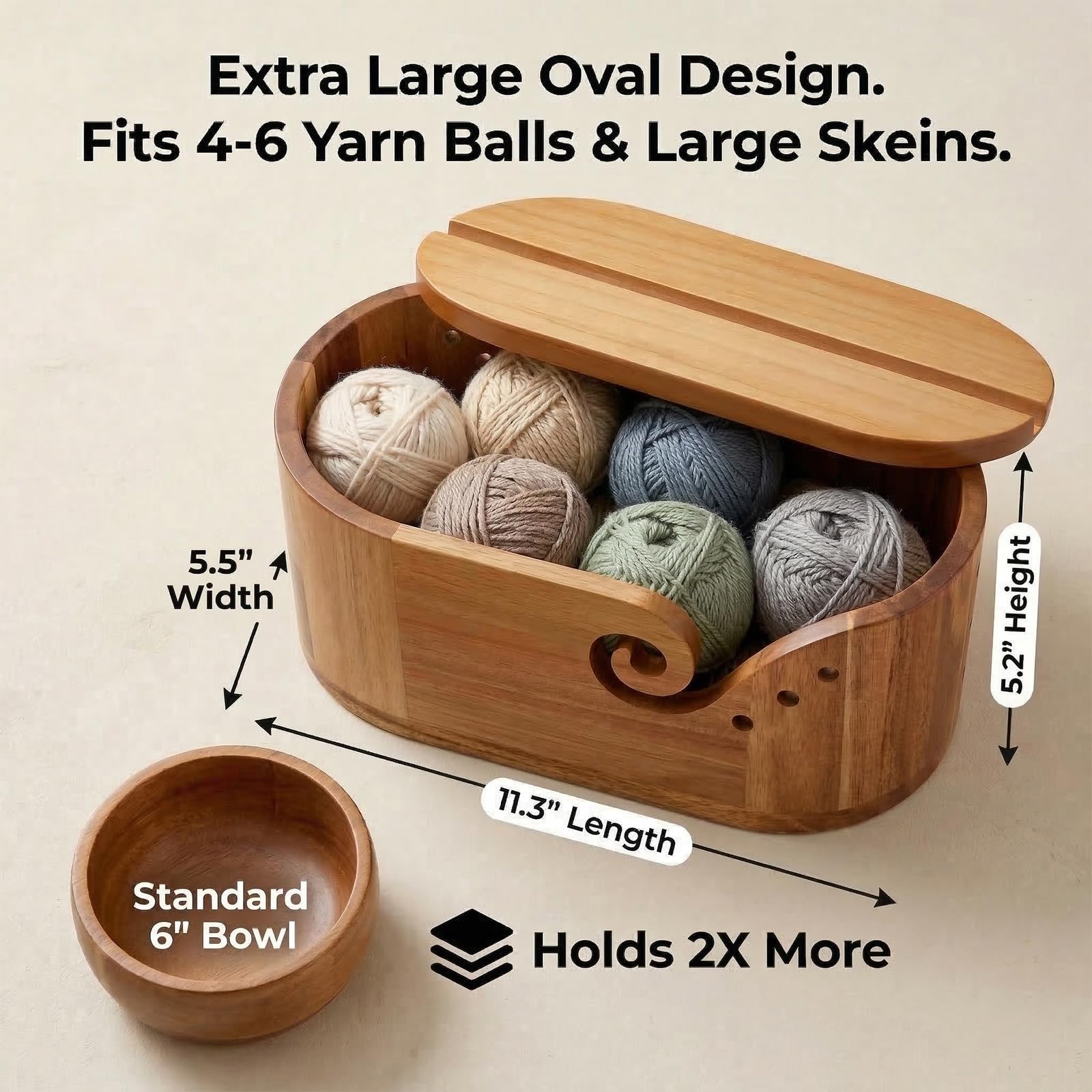 Cuenco de hilo para almacenamiento de ganchillo y tejido, diseño grande de madera con soporte para teléfono y tapa, doble ranura para rizar para un flujo suave antienredos, para artesanos