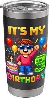 9th Birthday Boy Retro Video Game 9 Years Old Pixel Art Stainless Steel Insulated Tumbler
