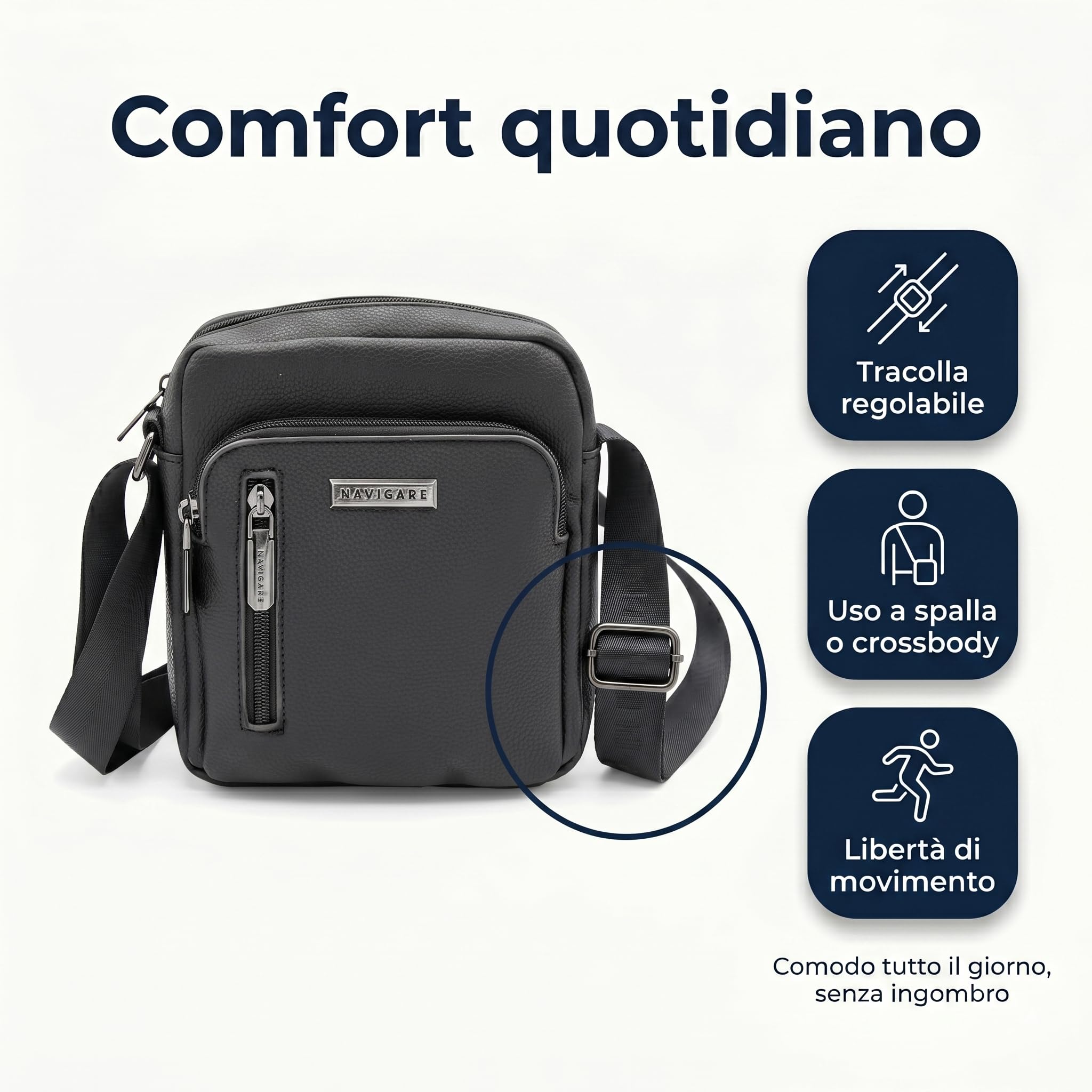 Navigare BORSELLO UOMO TRACOLLA – Borsello Uomo in Ecopelle con Tracolla Regolabile, 2 Tasche con Zip e Scomparti Interni, Stile Elegante e Casual per Lavoro, Viaggio e Tempo Libero