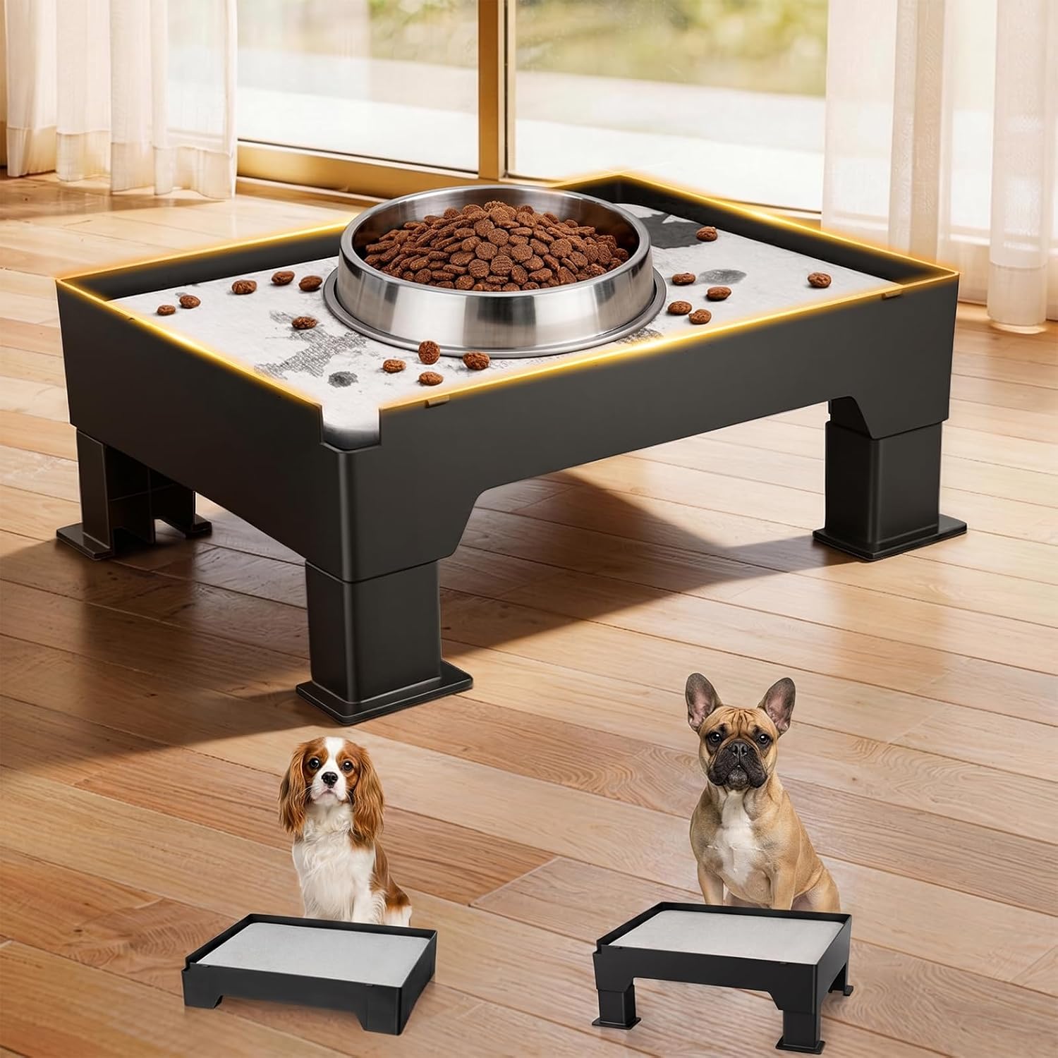 Elevated Dog Bowls with Diatomite Mat, Absorbs Spills, Anti-Spill, Adjustable Height, Non-Slip Base, Neater Feeder for Medium Small Dogs, Compatible with Most Dog Bowls and Automatic Feeders