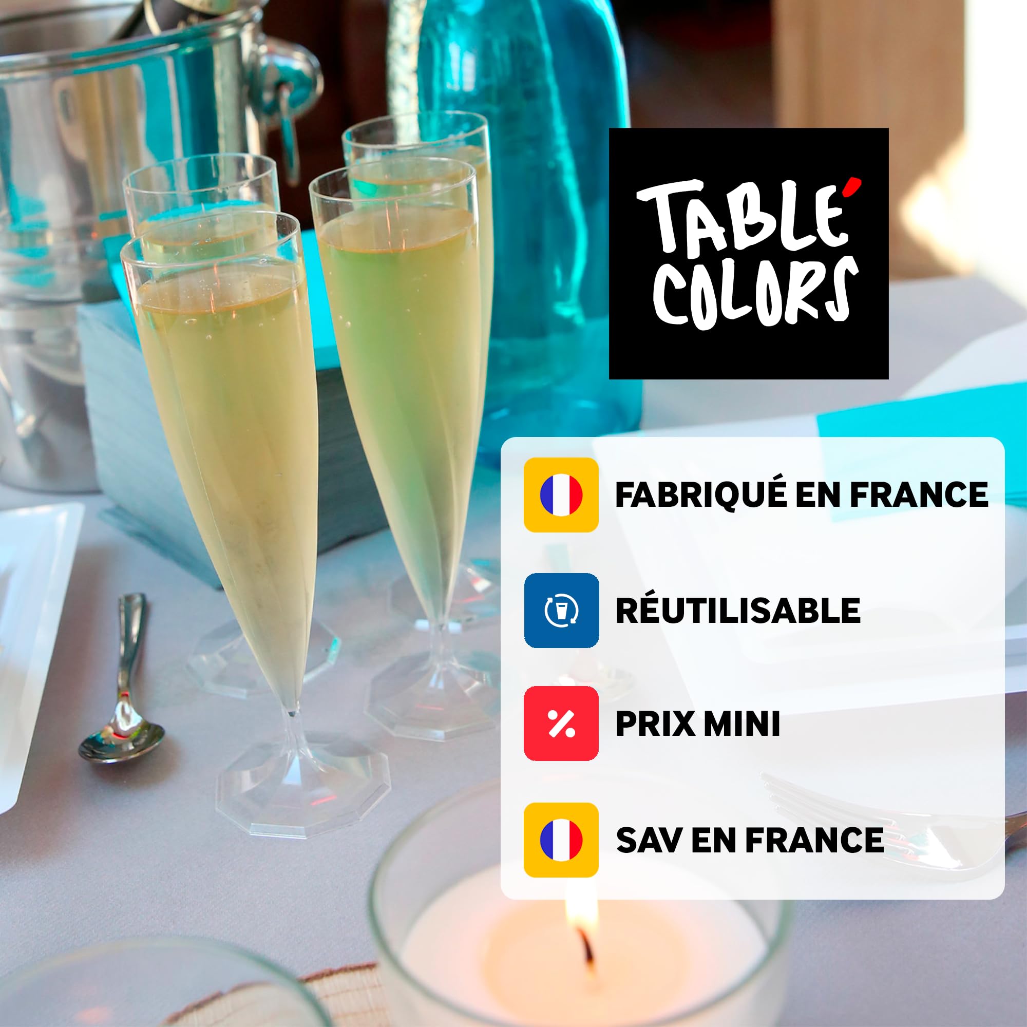 Table'Colors 50 Flûtes Champagne Torsadées 13,5 cl - Fabriqué en France - Lavable, Réutilisable - Solide et Élégante - Idéal pour Réceptions et Événements