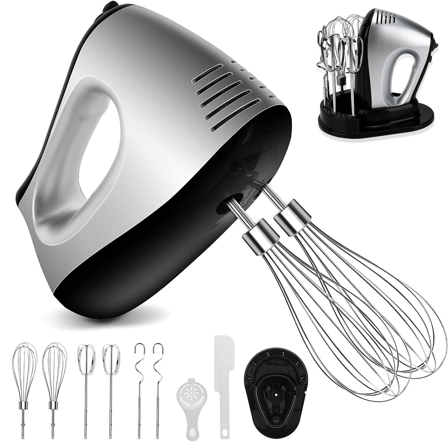 500W 5 Speeds and Turbo Function Electric Stick Blender with Balloon Rod, Blenders, Kneading Hooks, Egg Separator, Spatula and Storage Holder for Pastry