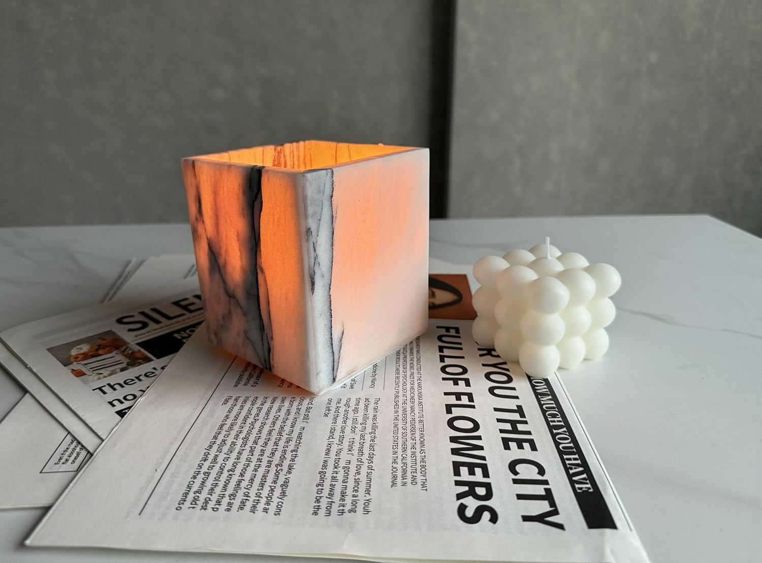 Carrara-Inspired Marble Bathroom Organizer Set, Makeup Brush Holder, Stone Countertop Tray for Shower Without Candle