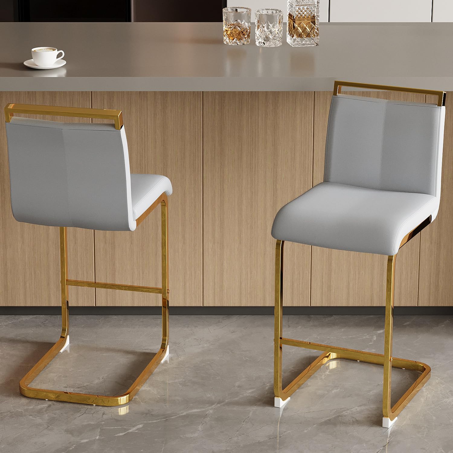 LUFTUT Counter Height Bar Stools Set of 2,Bar Stools with Back,25" Light Grey Island Chairs with Gold Chrome Plated Metal Leg,Faux Leather Barstools