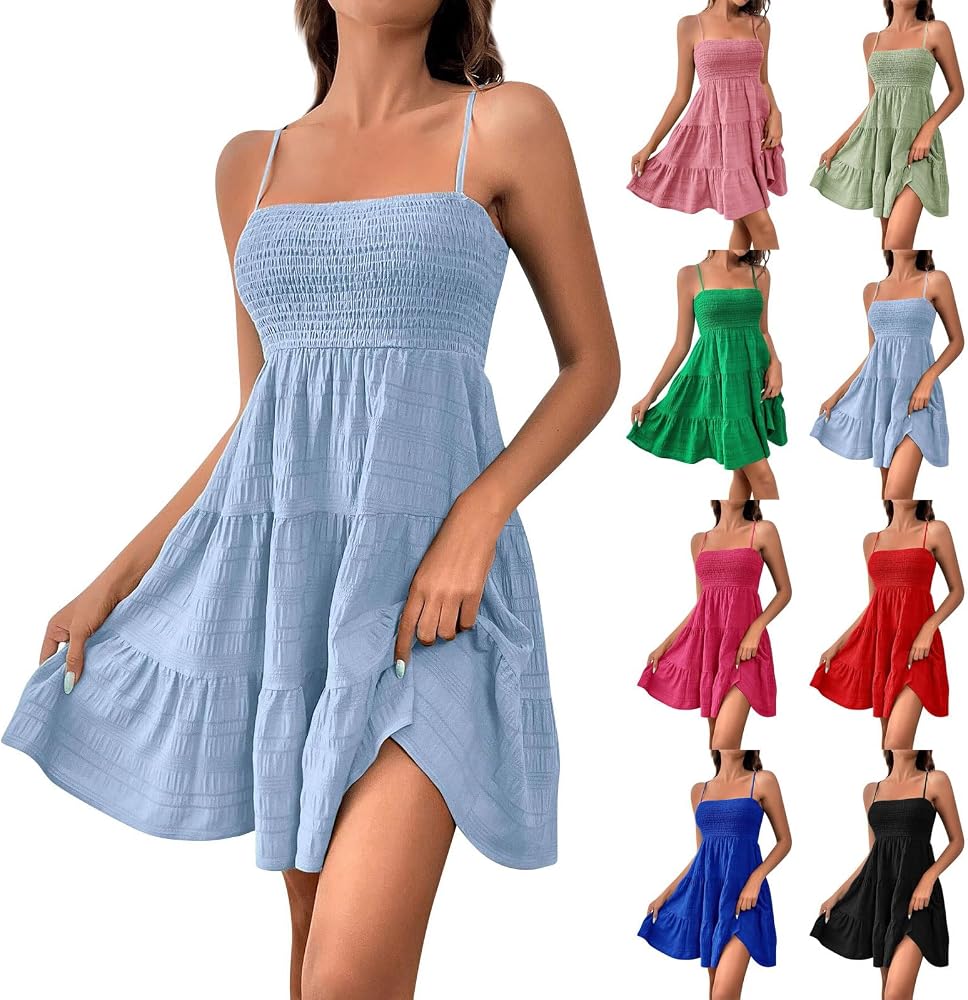 Sun Dresses for Women 2025 Casual Summer Smocked Spaghetti Strap Dress Square Neck Tiered Ruffle Mini Dress Fit and Flare Flowy Short Dress Boho Vacation Beach Dress Cute Babydoll Dress Light Blue