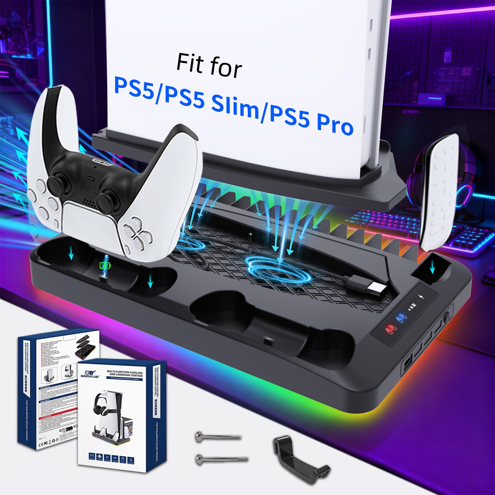 GAMINJA Cooling Station for Ps5/Slim/Pro,Playstation 5 Accessories (BK) | 7 Rgb Ps5 Cooling Stand Cooling Fan Controller Charger Stand Organizer for Playstation 5 Console Disc & Digital
