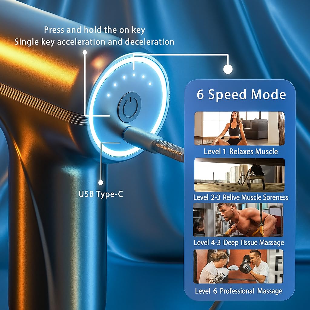 Compact deep tissue muscle massage gun | 6 speed mode, type-C charging | Portable handheld massage for neck, shoulder, back, weapon and legs | Relieves muscle stiffness and fatigue (multicolored) Compact deep tissue muscle massage gun | 6 speed mode, type-C charging | Portable handheld massage for neck, shoulder, back, weapon and legs | Relieves muscle stiffness and fatigue (multicolored)