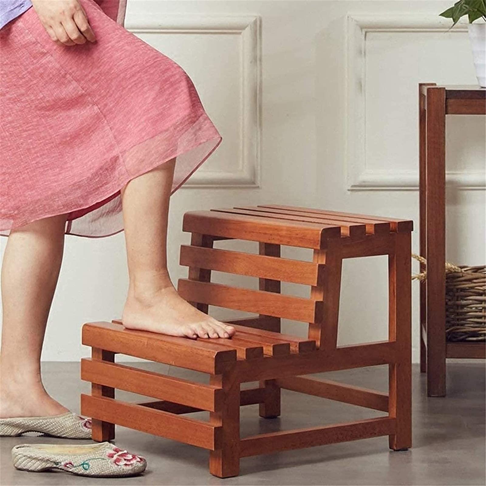 Taburete plegable de madera con 2 escalones de escalera para uso en interiores, portátil, antideslizante y resistente, para cambiar zapatos de bañera y almacenamiento, pedal ampliado para una escalada