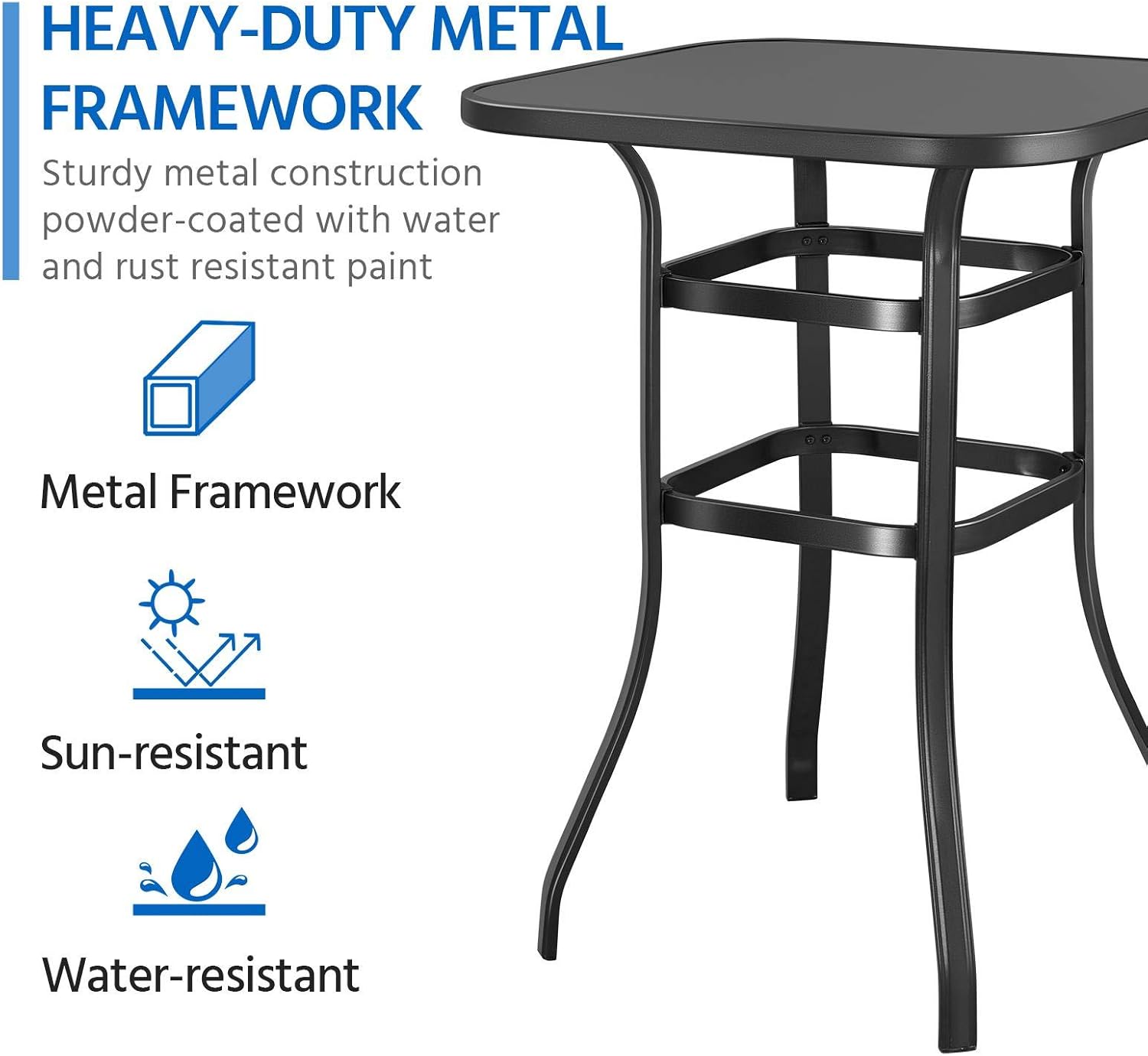 Yaheetech Patio Bar Table Tempered Glass, Height High Top Outdoor Pub Height Bistro Square Glass Side Table for Balcony Backyard Poolside, Black