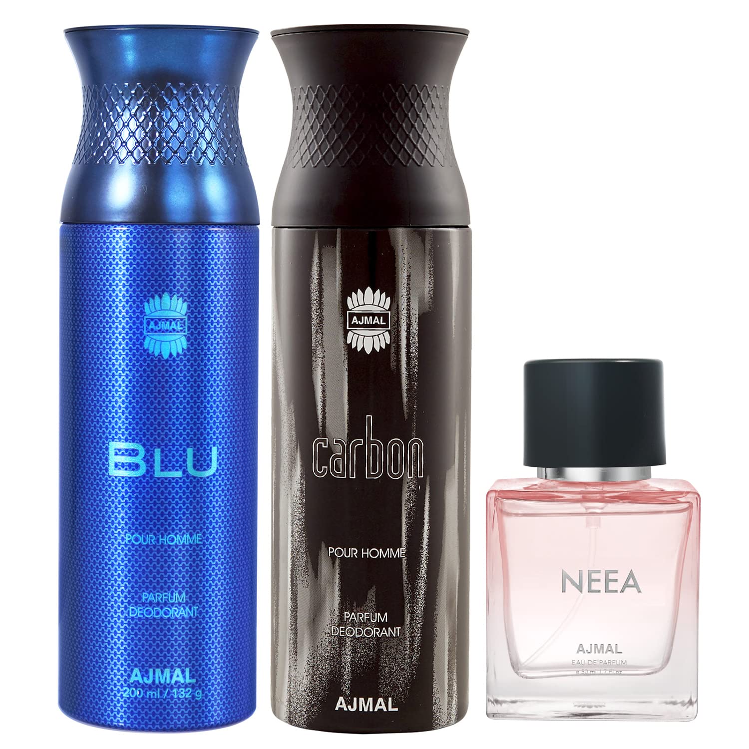 Buy Ajmal Blu & Carbon Deodorants Gift For Men each 200 ml and Neea EDP