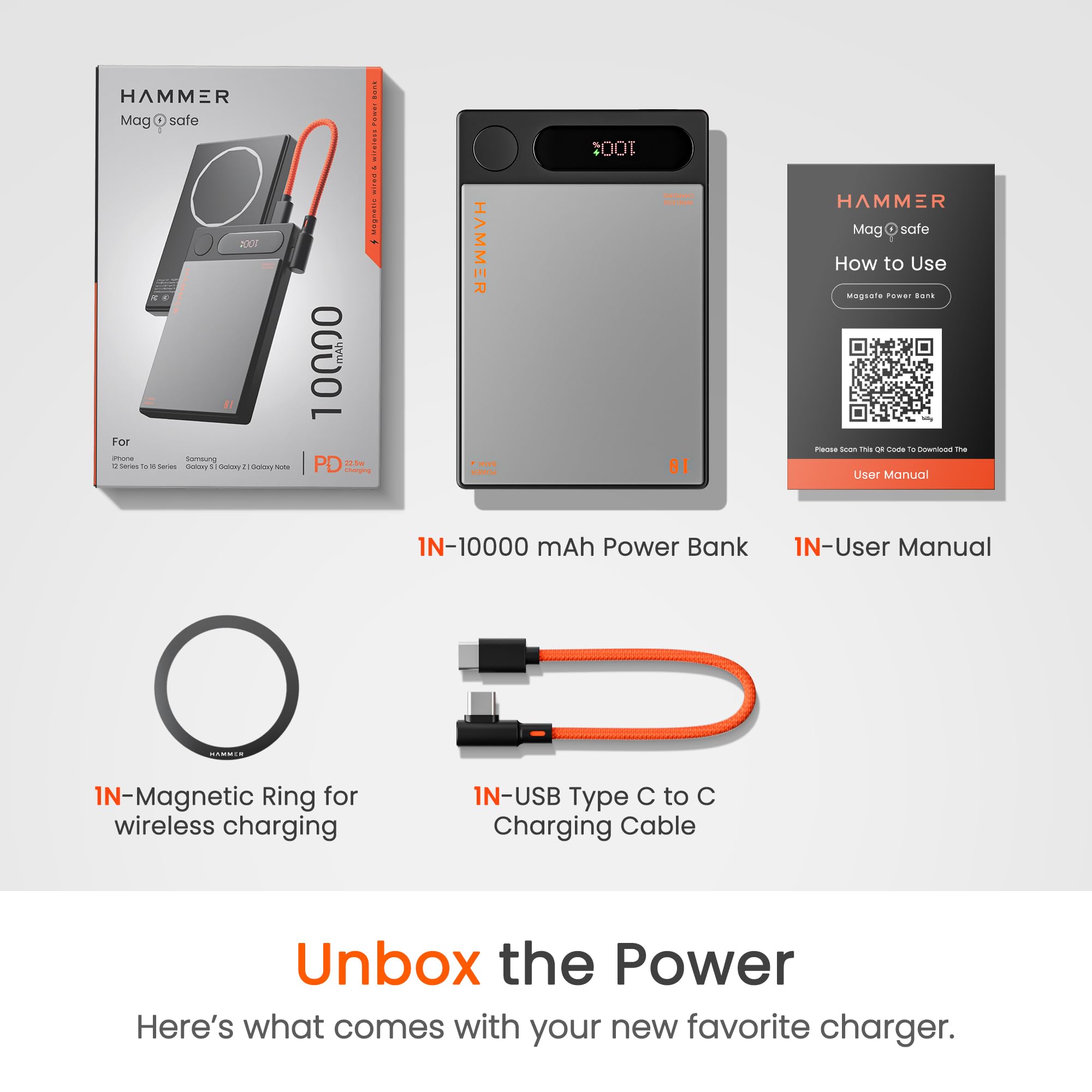 HAMMER 10000mAh MagSafe Power Bank, 15W Wireless Charging (MagSafe & Qi), 22.5W PD/PPS Fast Wired Charging, LED Display, iPhone 12 & Above, Metallic Finish, Magnetic Ring Included, Made in India — Amazon image 9
