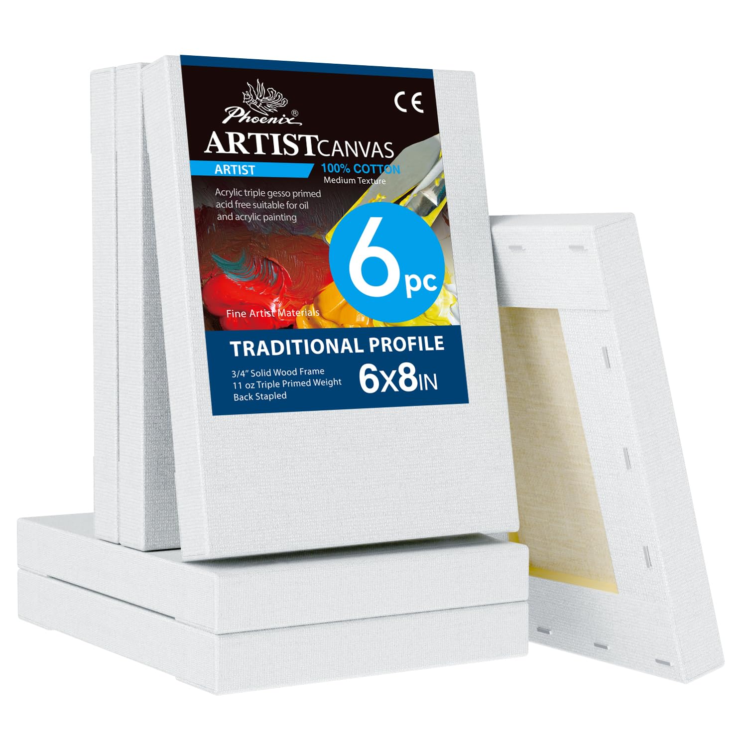 PHOENIX Künstler-Leinwand, 15,2 x 20,3 cm, 6 Stück, kleine gespannte Leinwände zum Malen, 1,9 cm Profil, 100 % Baumwolle, 325 ml, Gesso grundiert, weiß, blanko, professionelle Leinwand, Öl- und