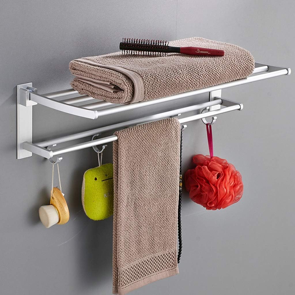 No Drilling Towel Rack, Foldable Double Bathroom Towel Rails, Aluminum Wall Mounted Hanging Towel Holder with Removable Hook 40CM