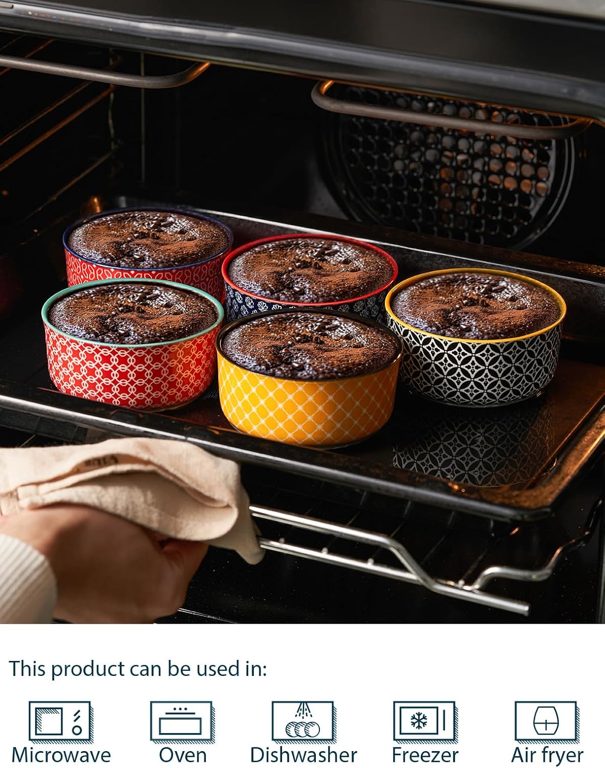 DOWAN 6 oz Ramekins with Lids Oven Safe for Creme Brulee Souffle, Ceramic Custard Cups for Baking, Small Bowls for Pudding Dip Ice Cream, Set of 6, Vibrant Colors