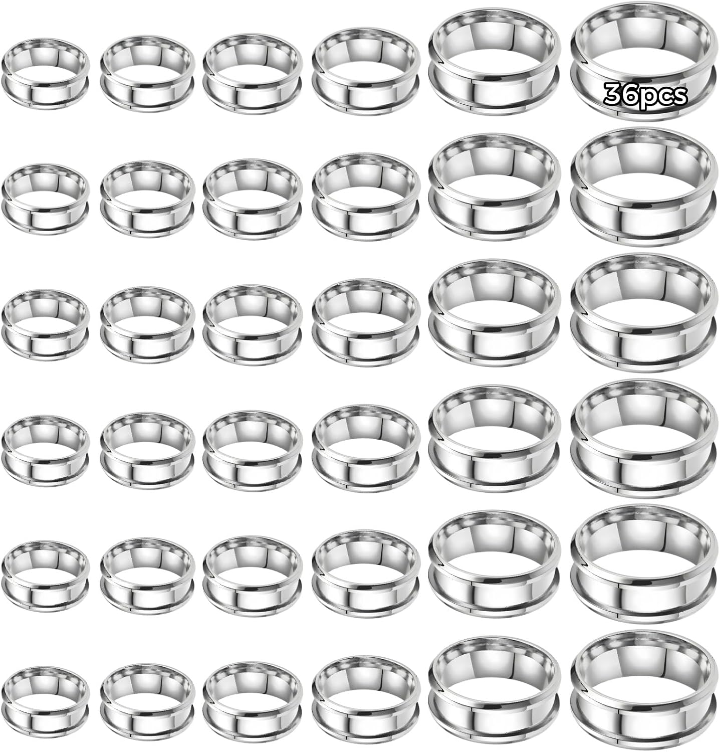 36 Pcs Stainless Steel Blank Rings for Jewelry Making, 0.3 in (0.8 cm) DIY Slotted Rings for Crafts, Ring Blanks for Resin, Size 7-12, Includes Measurement Guide