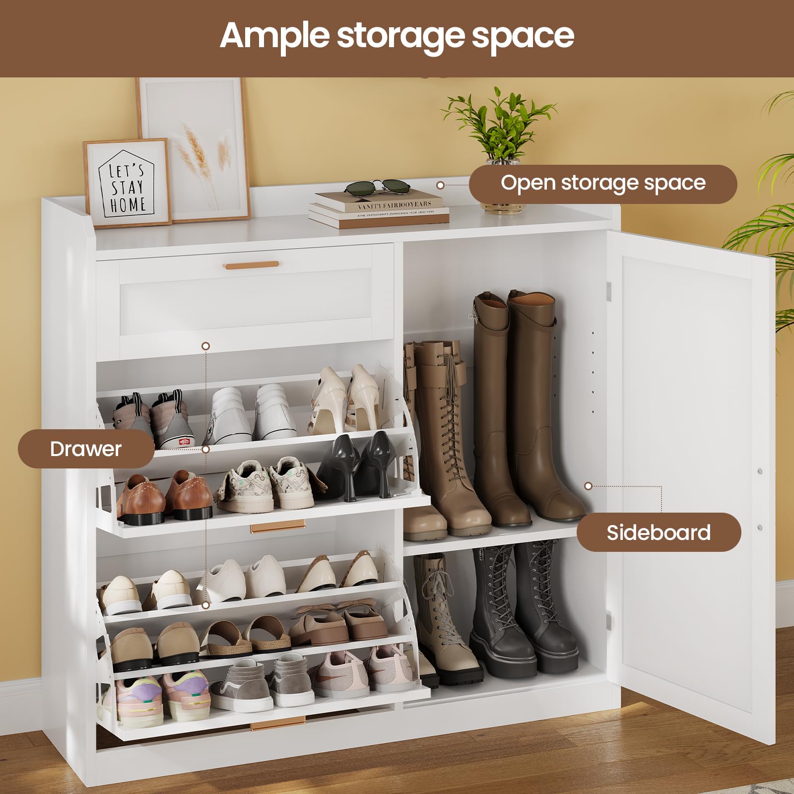 KIMENICH Scarpiera con 2 Scomparti a Ribalta, Scarpiera con 1 Cassetti, Mobiletto portaoggetti laterale, Divisorio Regolabile, per 12-15 Paia di Scarpe, Corridoio, Ingresso, 30 x 100 x 104 cm, Bianco
