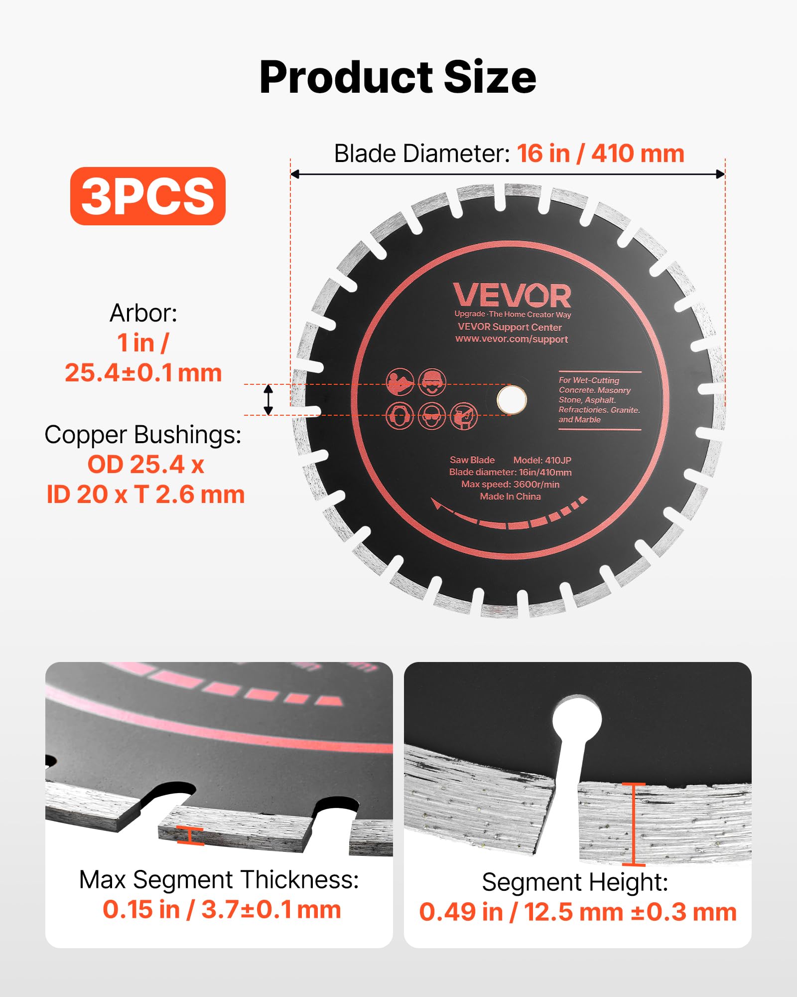 VEVOR 3 Stk. Diamanttrennscheiben 410mm, Diamant-Sägeblätter mit 25,4mm Bohrung & 12,5mm Segmenthöhe, Max. 3600 U/min Diamantscheiben für Trocken/Nass Schneiden, Trennscheibe für Beton Mauerwerk Stein