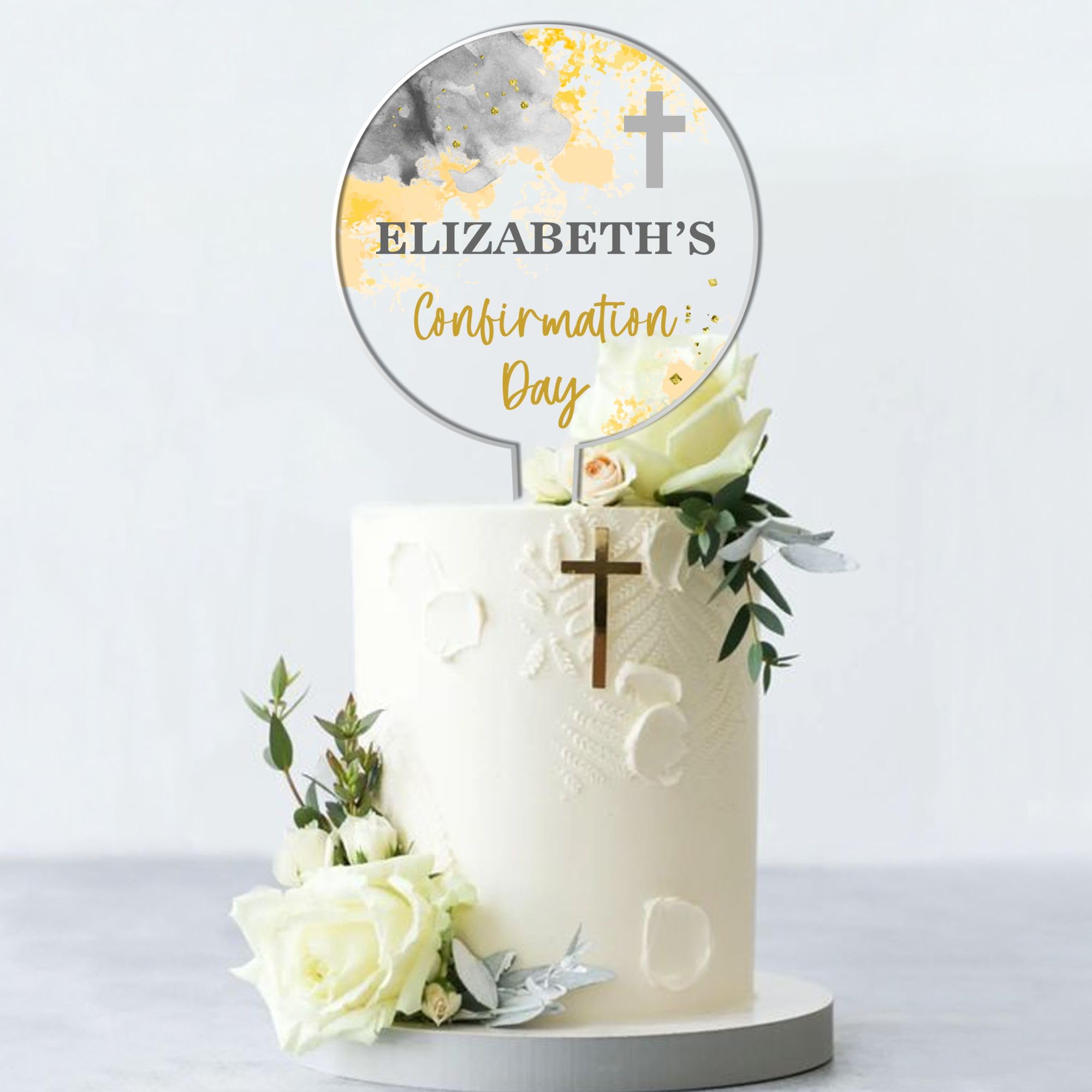 Personalised Religious Cake Topper – Custom Name & Occasion – Christening, Communion or Confirmation – Acrylic Watercolour Design with Cross Cake Decoration (Confirmation, Grey & Lemon)