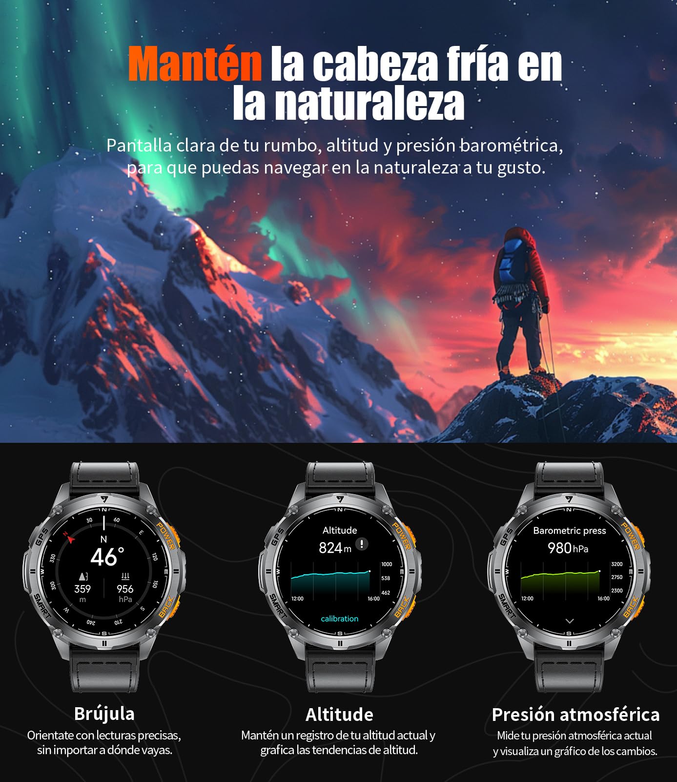 FOXBOX DM4 GPS Reloj Inteligente Hombre, 1.43" AMOLED Smartwatch con LED Linterna para Android iOS, 6 Localización por Satélite, IP68, Llamadas, 200+ Watch Face,170+ Deportes, Correa de Cuero Negro