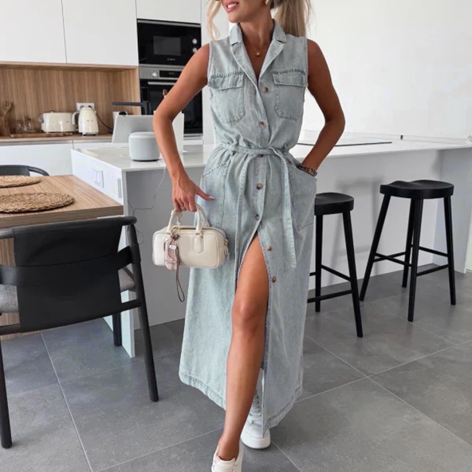 Jeanskleid Damen Sommer Lang Blusenkleid Jeans Ärmellos Sommerkleid V Ausschnitt Hemdkleid Frauen Denim Mit Knopfleiste Damenkleider Einfarbig Maxikleider Mit Gürtel Und Taschen Kleider Einreiher