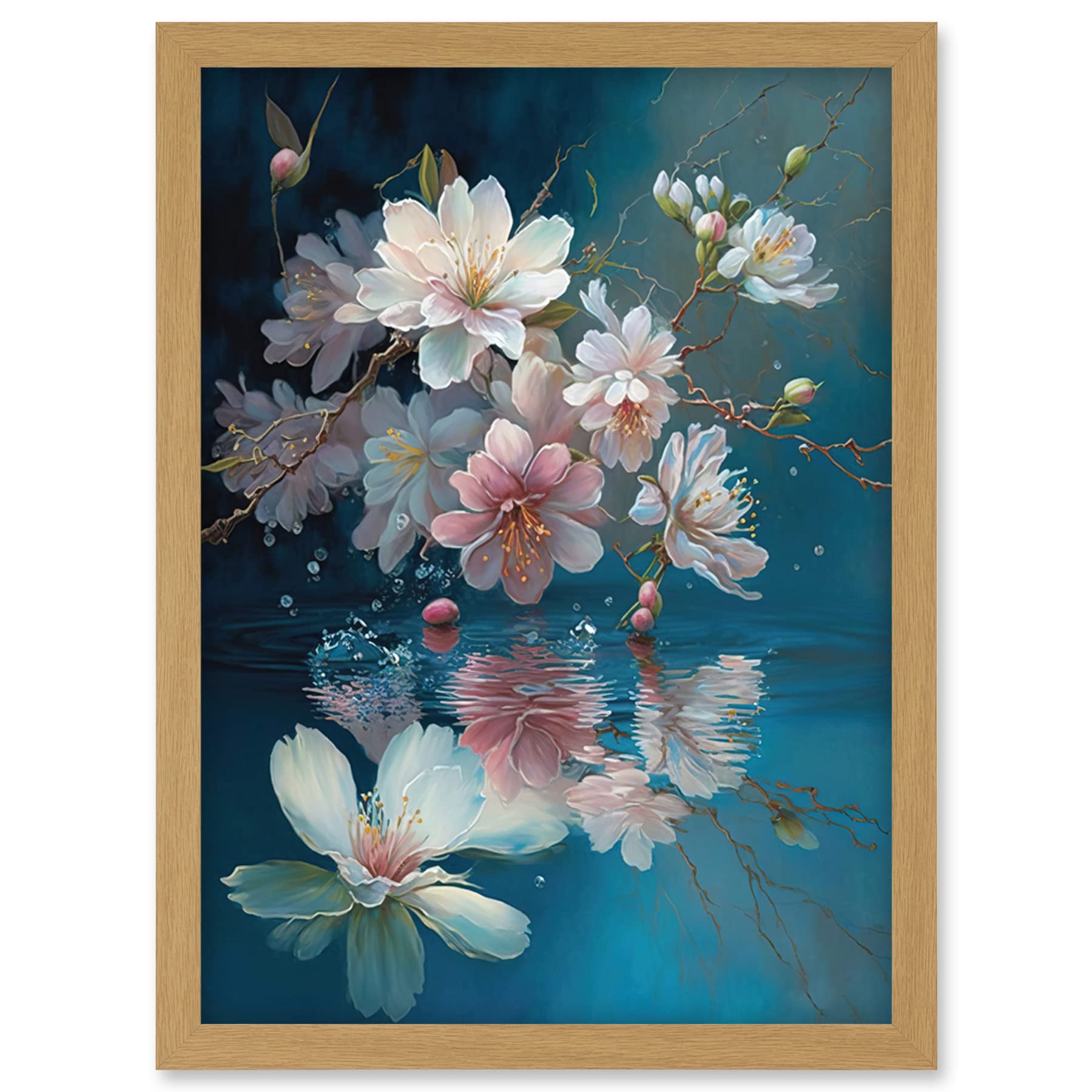 Artery8 Cherry Blossom Branch Dancing Over Water Modern Watercolour Painting Artwork Framed Wall Art Print A4