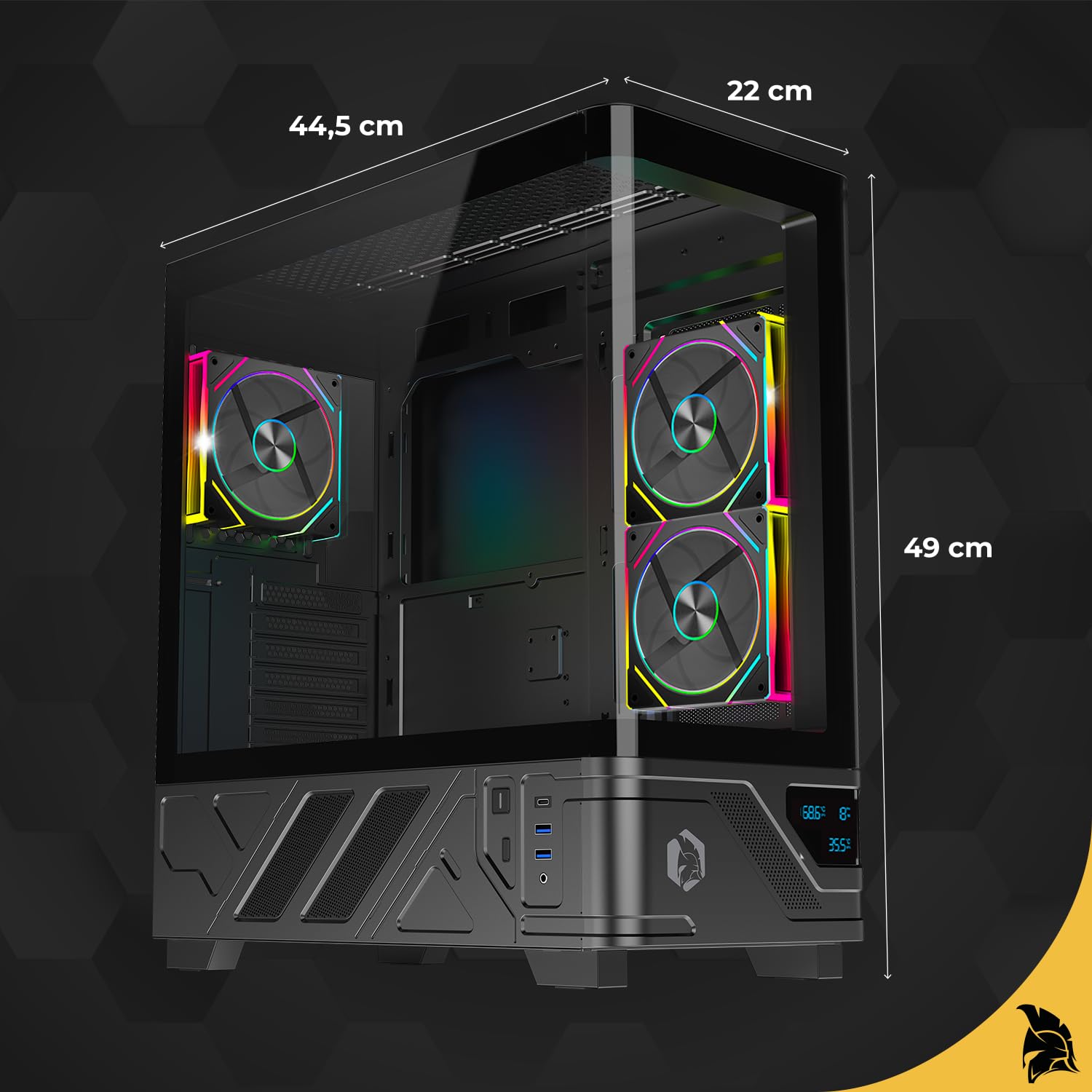 Empire Gaming ECM252 - Caja para PC Gaming Media Torre - Pantalla Digital integrada (Temperatura CPU/GPU, RPM) - 3 Ventiladores ARGB - Compatible con ATX, Micro-ATX, ITX - USB C (Negro)