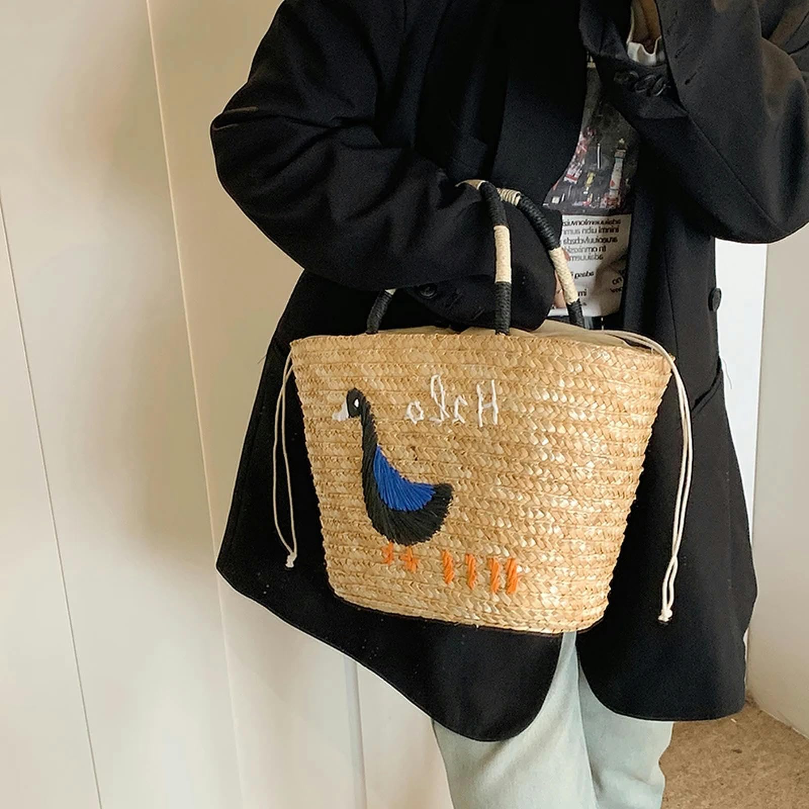 Borsa Paglia Estate Straw Bag Donne Grande capacità Maniglia Borsa A Spalla Handmade Tessuto Borsa Vacanza-Khaki